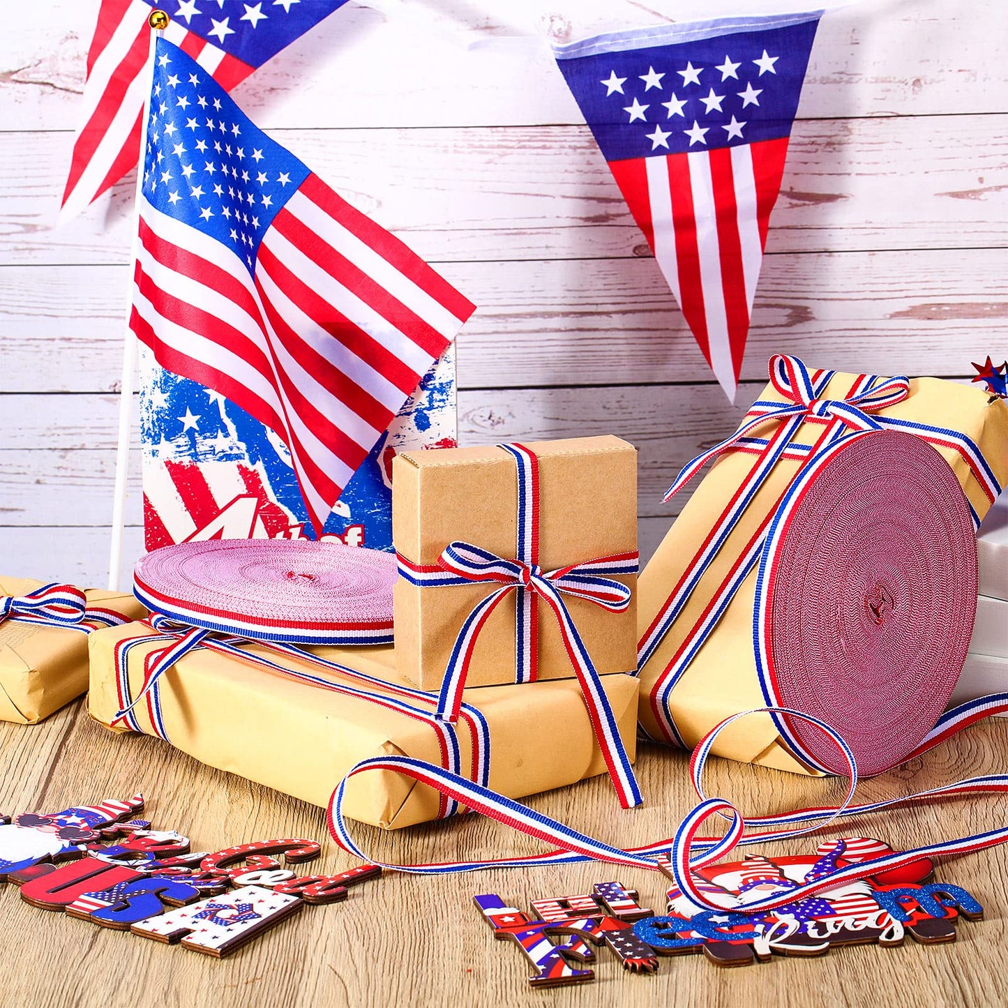 Red White Blue Striped Grosgrain Ribbon Use for Memorial Day Gift Wrapping, Party Decoration, DIY Crafting and Sewing (Red, White, Blue,3/8 Inch x 100 Yard)
