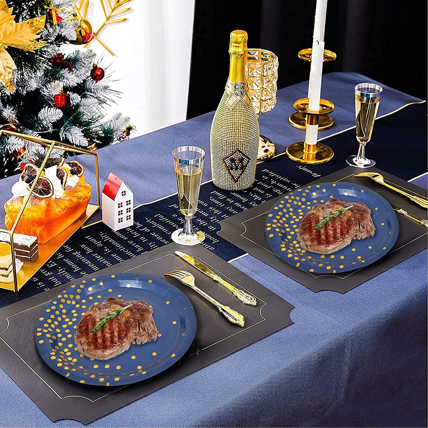160PCS Disposable Cutlery Set for 20 Guests Blue and Gold Party Cutlery Set Includes Dinner Plate Salad Plate Napkin Cup Knife Fork Spoon for Birthday Party Wedding