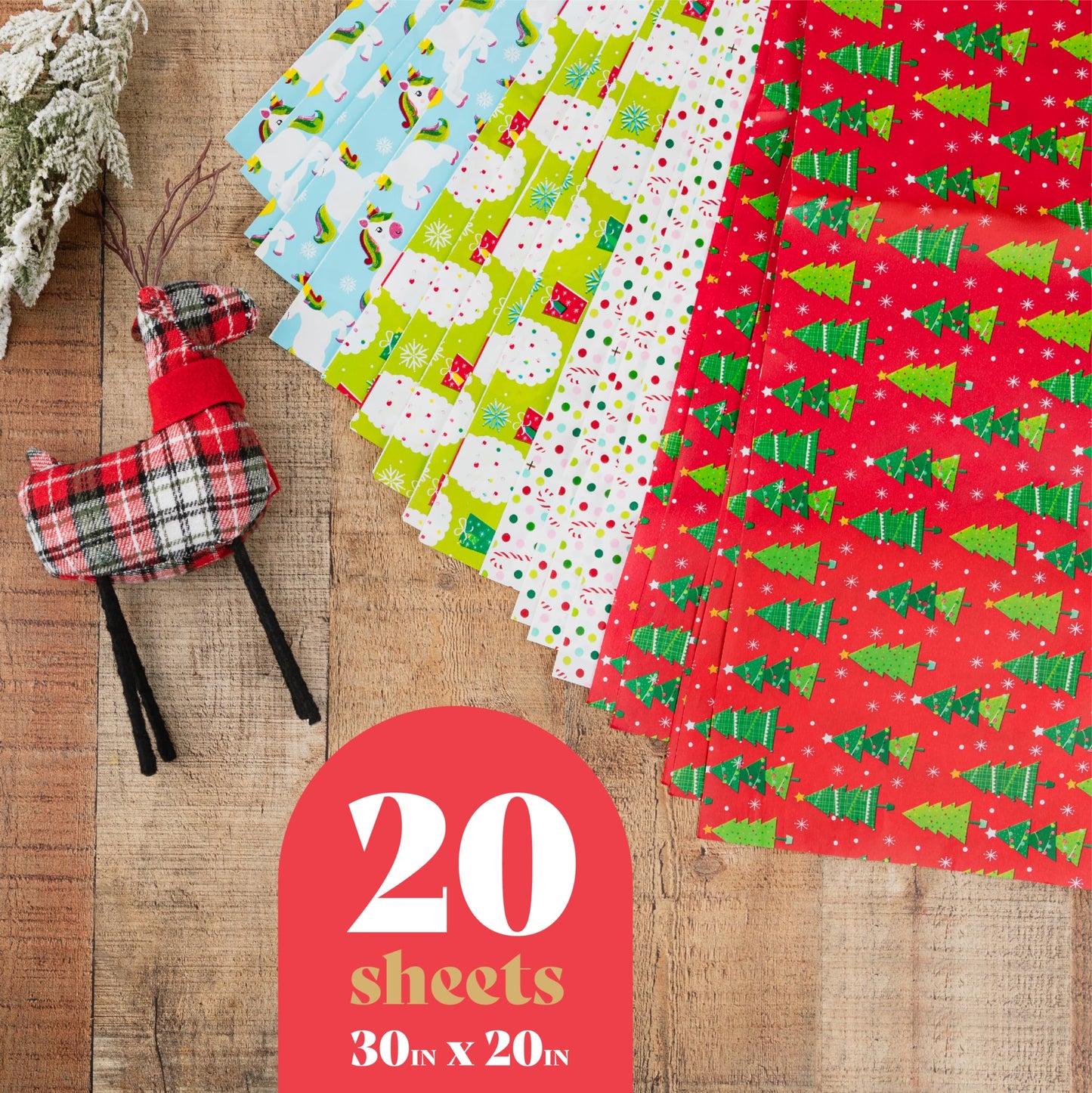 Christmas Wrapping Paper Sheets For Kids- 20 Precut Sheets Christmas Gift Wrap Paper- Christmas Paper Wrapping Sheets (30"x20")- 4 Unique Patterns of Holiday Wrapping Paper, 20 Sheets