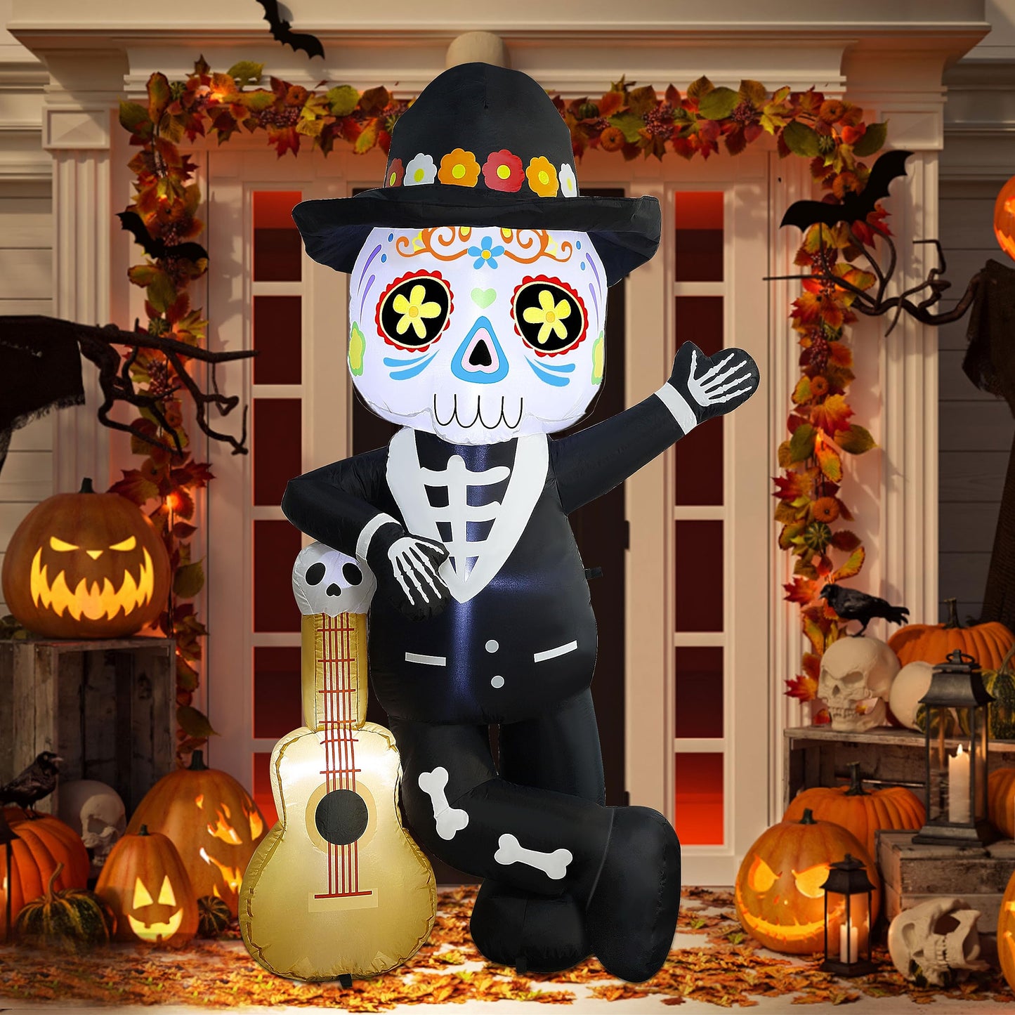 Joliyoou 6FT Halloween Inflatable Decoration, Lighted Blow Up Skeleton with A Guitar, Plug-In Holiday Indoor Outdoor Standing Decor for Spooky Party Day of the Dead (Skeleton Leaning Against A Guitar)