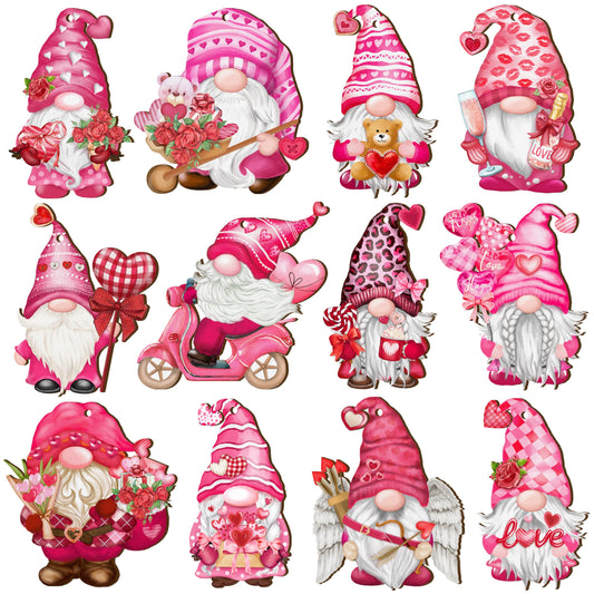 JOPHMO Valentine Wooden Hanging Ornaments, Wood Decor for Tree Decoration, Santa Doll Craft, Gnome Elf Party Supplies (Valentine-Gnomes-A)