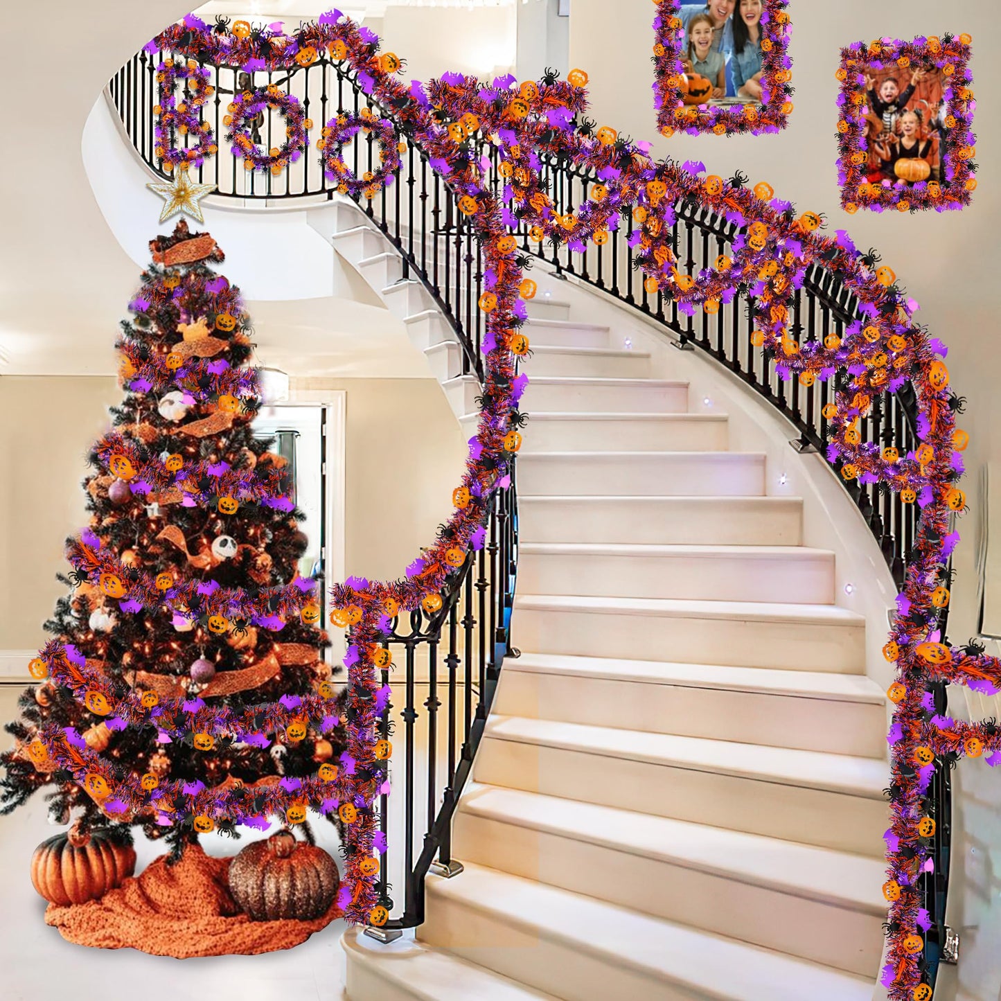 Halloween Decorations,50 FT Halloween Tinsel Garland with Orange Pumpkin Black Spider Purple Bat, Shiny Metallic Twist Garland for Home Tree Indoor Outdoor Party Decorations