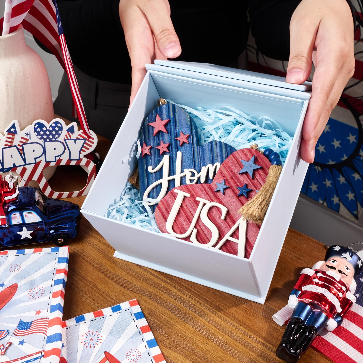 Valery Madelyn 4th of July Table Decorations, 2 Pcs Wooden Memorial Day Decorations Patriotic Decor Heart Centerpieces, Red White and Blue Americana Home USA Sign for Independence Day, 4 inch