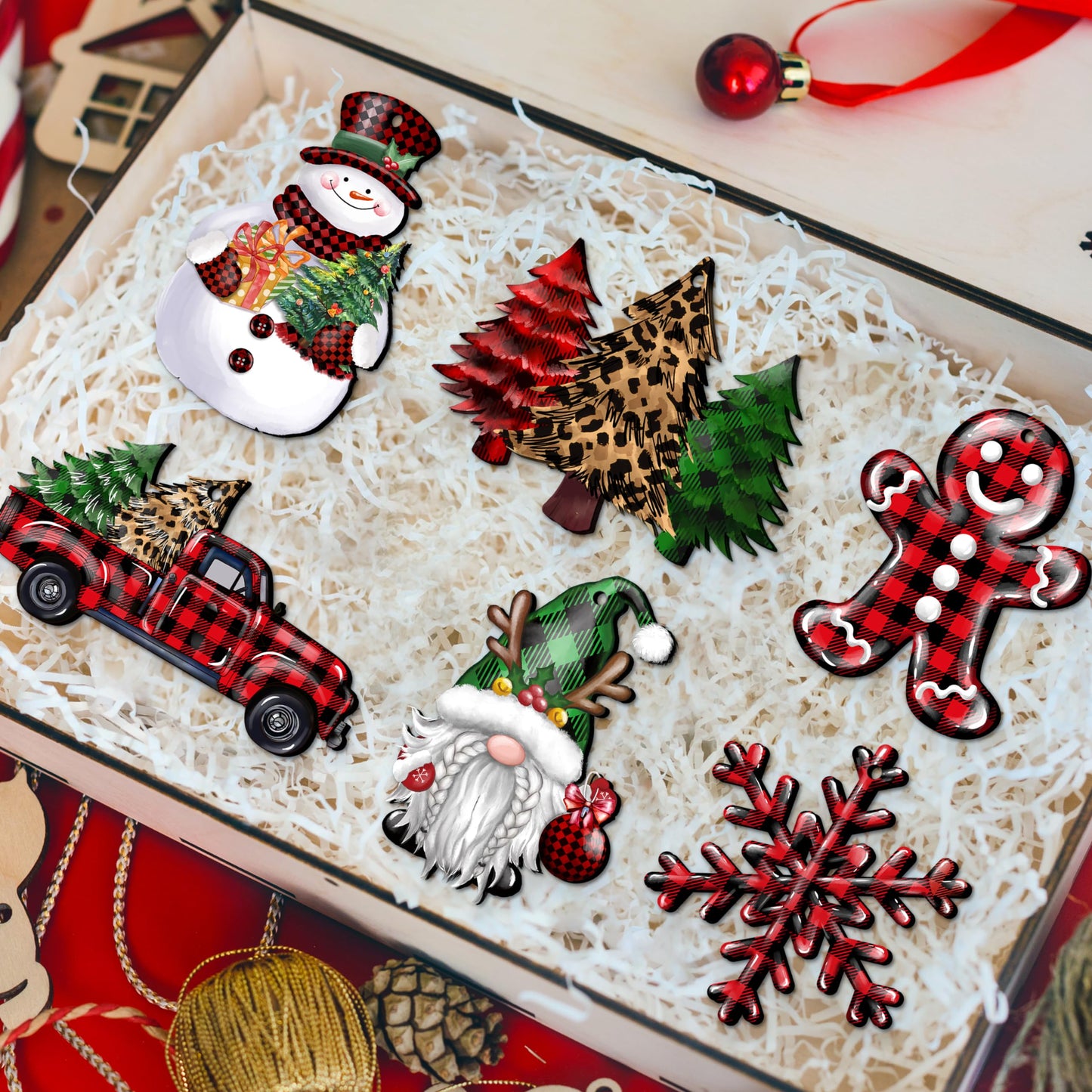 JOPHMO 24 Pieces Christmas Wood Ornaments Snowflake Gnome Snowman Truck Wooden Hanging Ornaments Christmas Tree Cutouts Wood Crafts Holiday Decor Xmas Party Supplies (Xmas-Mixed-A)