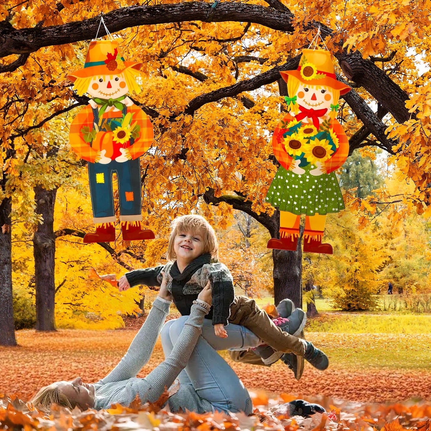 2 Pcs Fall Scarecrow Windsocks, Autumn Outdoor Hanging Flag Fall Scarecrow Hanging Sign Thanksgiving Outside Flag for Yard Lawn Patio Garden Party Decorations