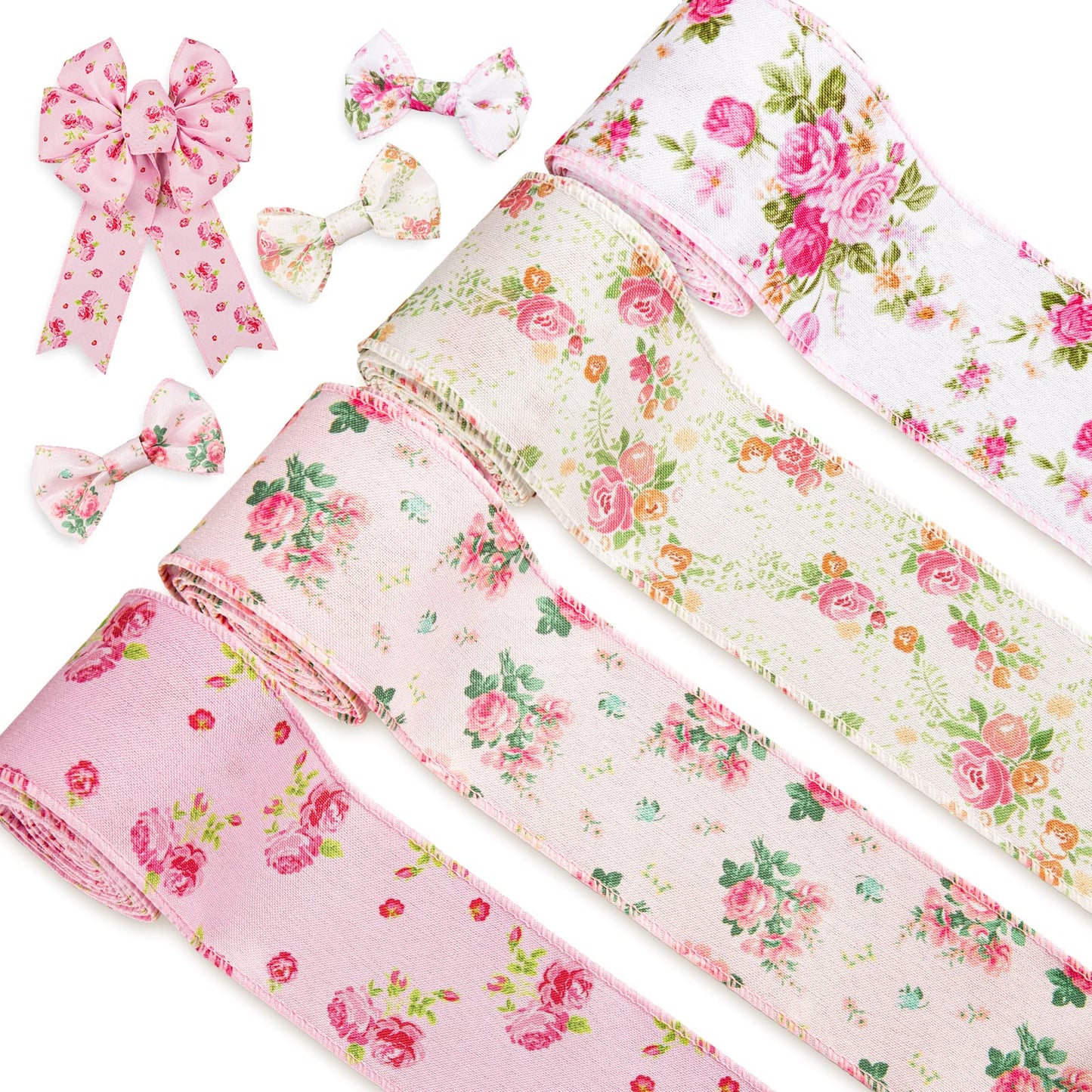 Floral Wired Edge Ribbon 4 Rolls Rose Flower Pattern Ribbon Spring Summer Fabric Decorative Craft Ribbon Roll for Gift Wrapping Decor Hair Bow Sewing Wreath Crafts, 20 Yard x 2.5 Inch