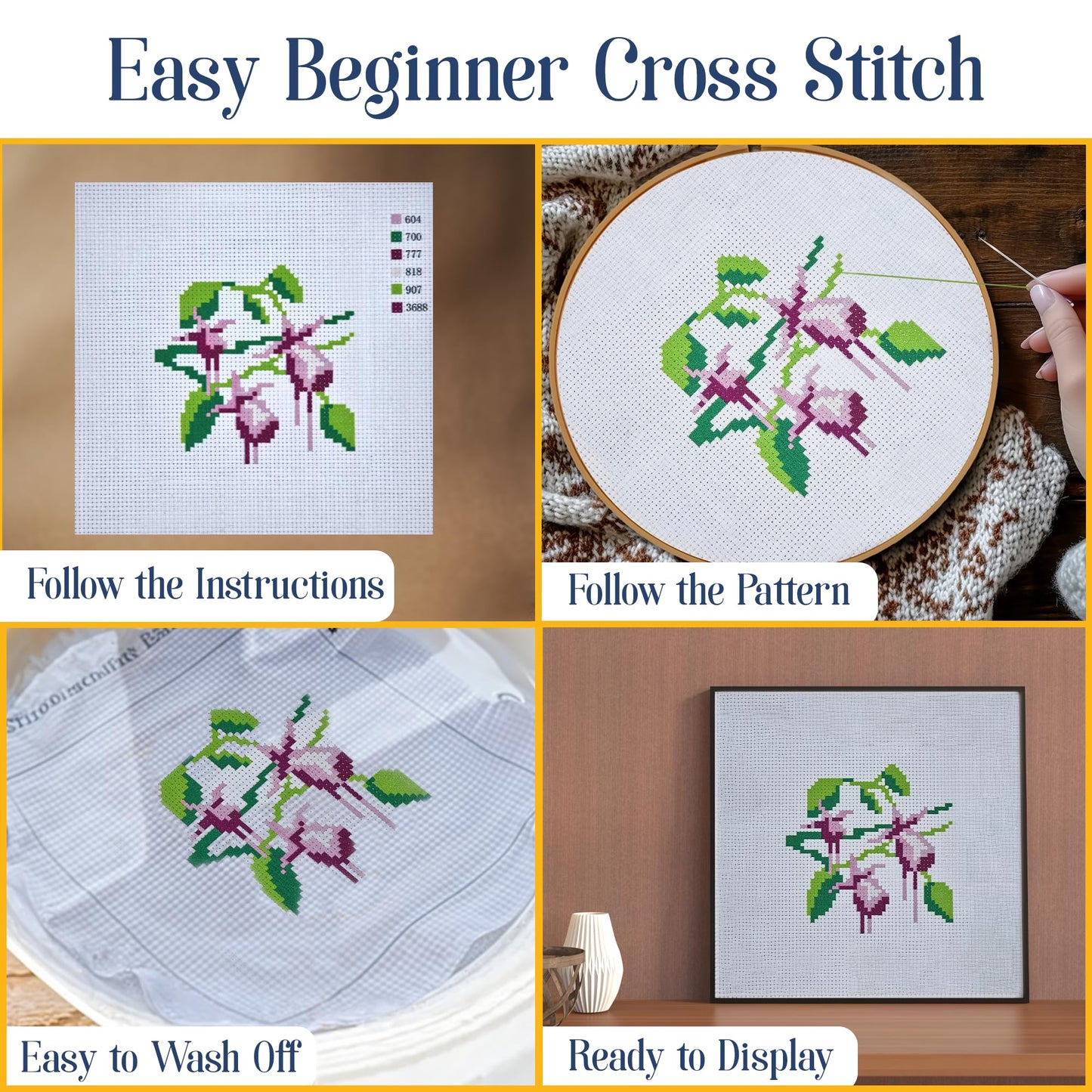 Floral Stamped Cross Stitch Kits for Beginners - 3 Pack. DIY Embroidery Needlepoint Patterns for Adults and Kids. Easy Cross Stitch Kits for Beginners (Blue Flowers, Forget Me Not & Fuschia)