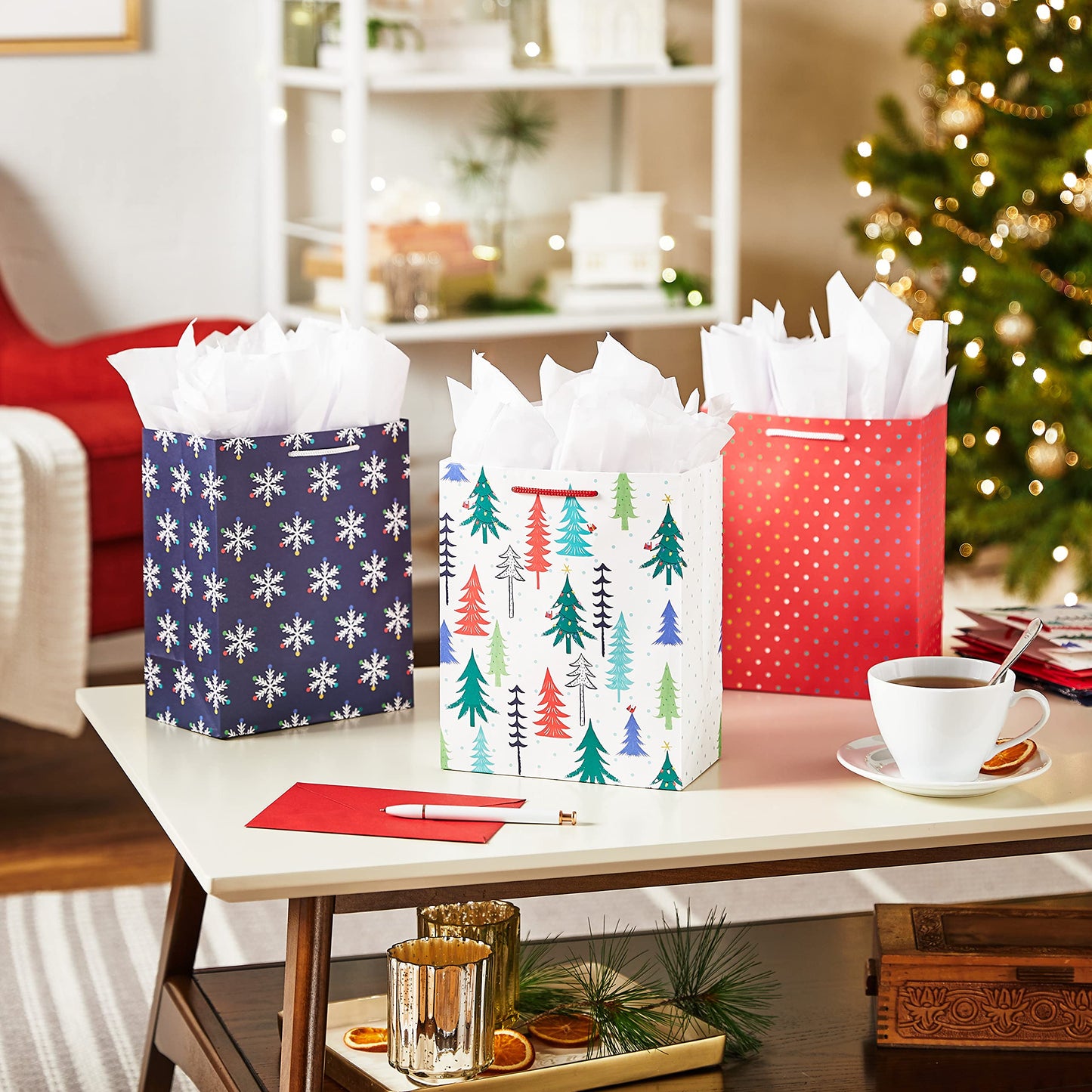9" Christmas Gift Bags (6 Medium Bags, 3 Designs: Red Polka Dot, Colorful Trees, Navy Snowflake) for Holiday Partes, Winter Weddings, Birthdays