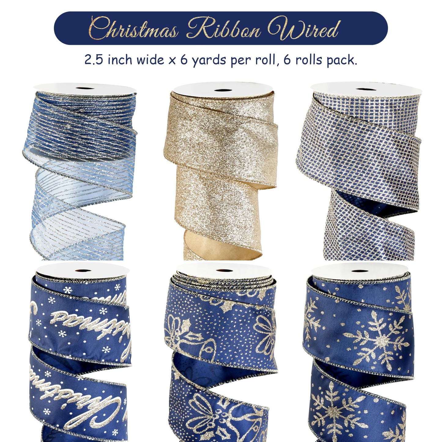 DINDOSAL Navy Blue and Gold Christmas Tree Ribbon - 2.5 Inch Wired Ribbon, 6 Rolls for Wreaths, Bows, Decorations