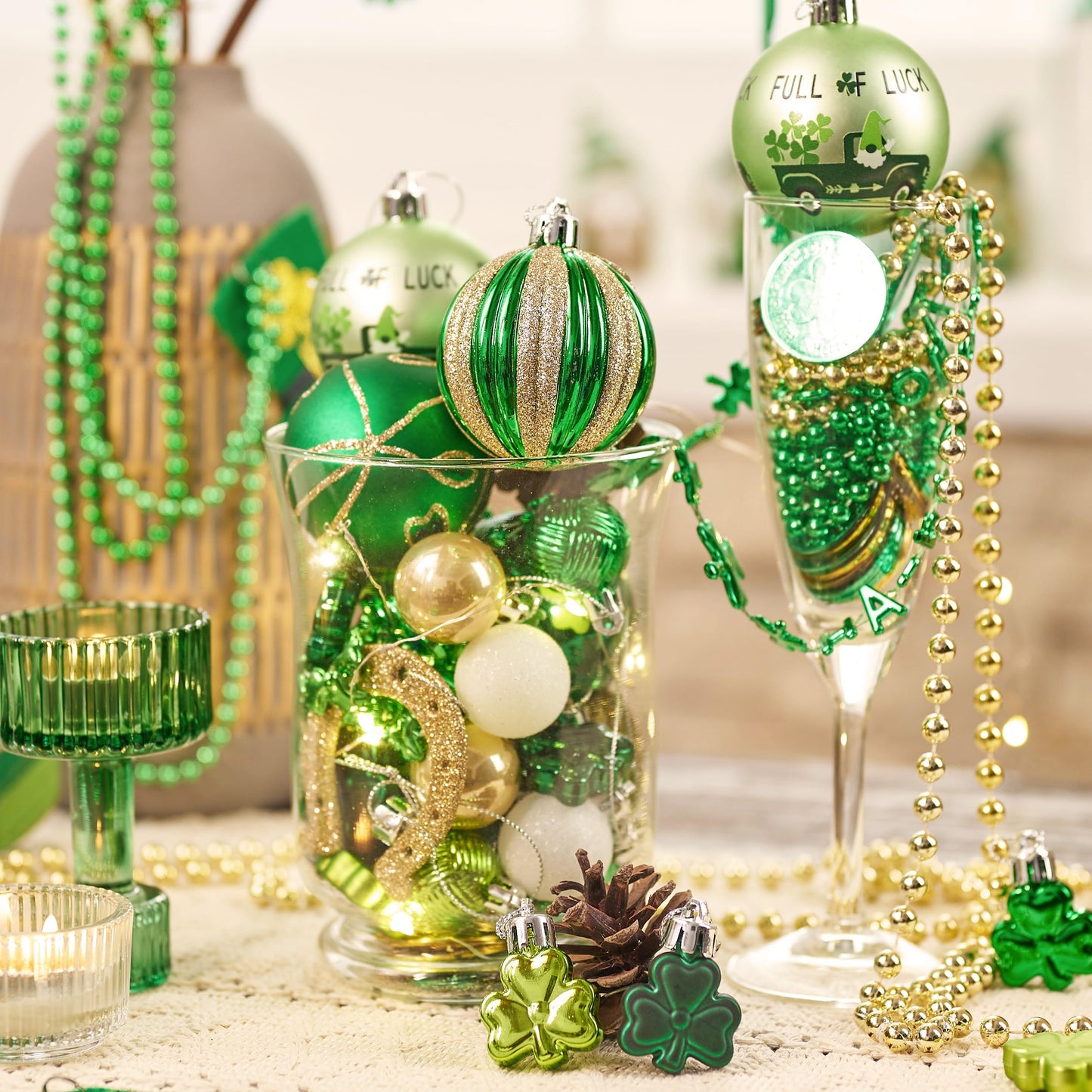 St Patricks Day Decorations Shamrock Tree Ornament,30pcs Hanging Ball Ornament Gnome Decor for Irish Festival, Good Luck Clover Emerald Green Gold Christmas Ball for Party Home Spring