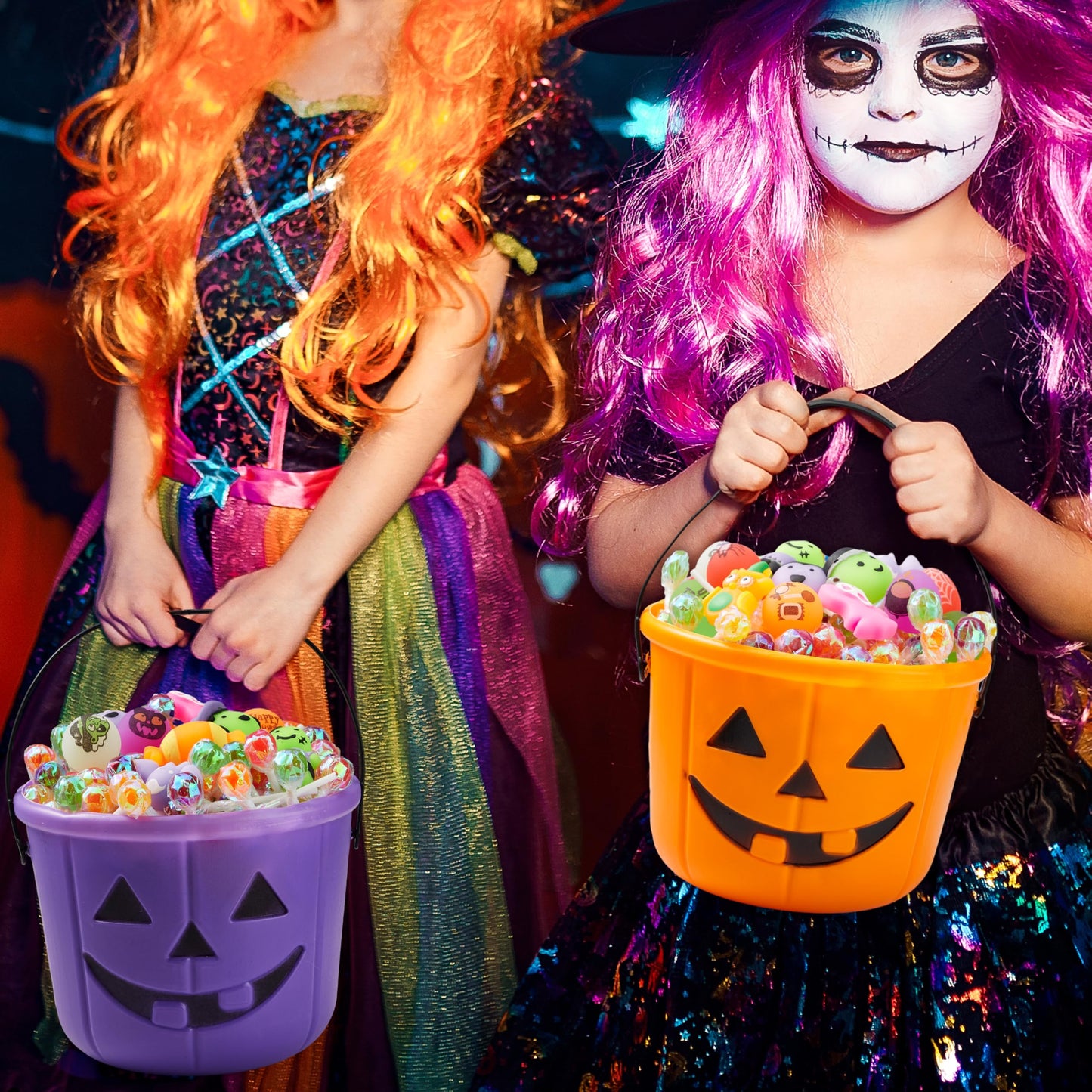 JOYIN 6PCS Halloween Trick or Treat Pumpkin Bucket, Orange Plastic Candy Bucket for Trick or Treating, Black Purple Jack O Lantern Basket and Pails with Handle for Kids Halloween Party Favor Supplies