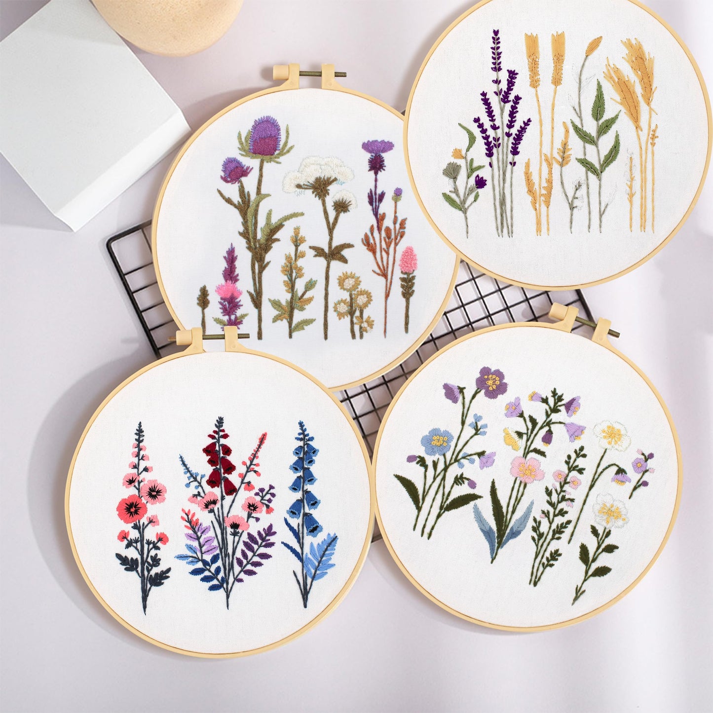 Maydear 4 Sets Embroidery Kit Punch Needle Kit,Embroidery Kit for Beginners Adults Cross Stitch Kits with Embroidery Hoop and Instructions, Hand Embroidery Starter Kit (Embroidery kit Flowers)