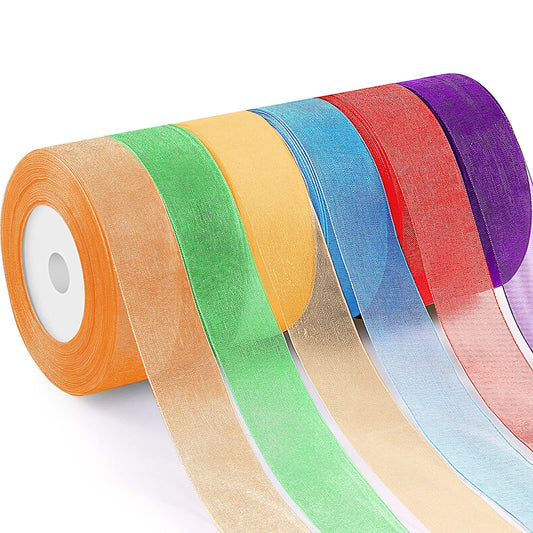 6 Rolls Organza Ribbon Sheer Chiffon Ribbon Transparent Chiffon Ribbons for Christmas Valentine's Day Gift Wedding Birthday Bouquet Garland Bow Making (25 Yards x 6 Rolls, Rainbow Series)