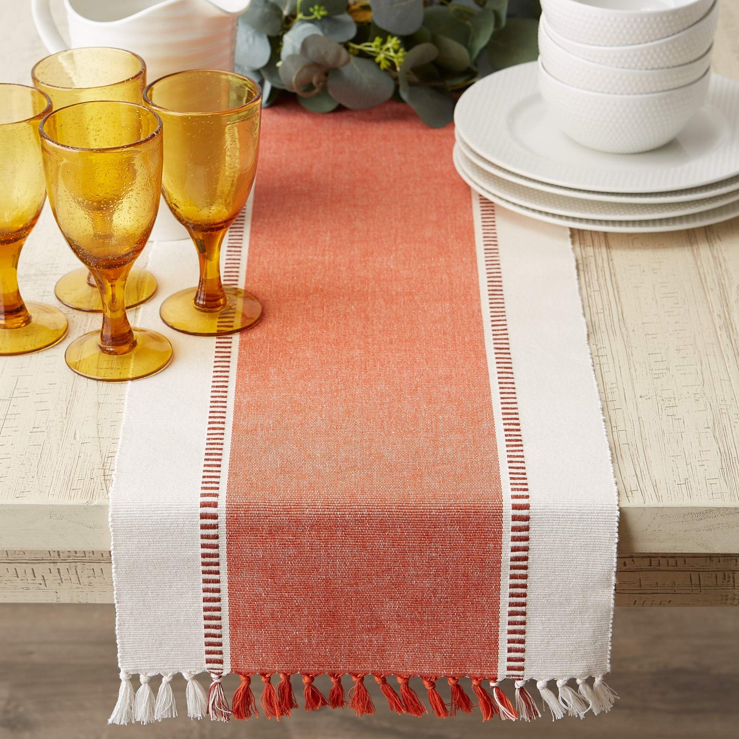 Dobby Stripe Woven Table Runner, 13x72 (13x77.5, Fringe Included), Burnt Orange