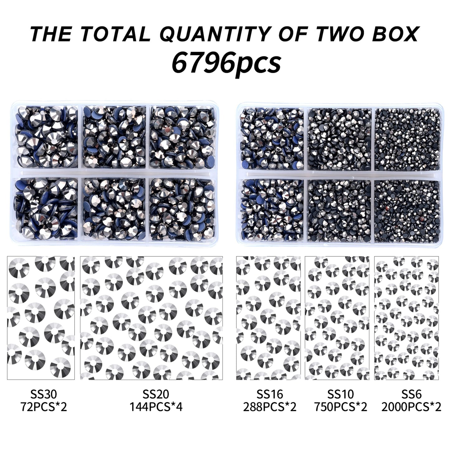 MEIBITE 6796PCS Grey Hematite Hotfix Rhinestones Crystal Stones Glass for Fabric Clothes Shirts Sparkly Flat Back Round with Tweezers and Picking Pen (SS6~SS30 Set)