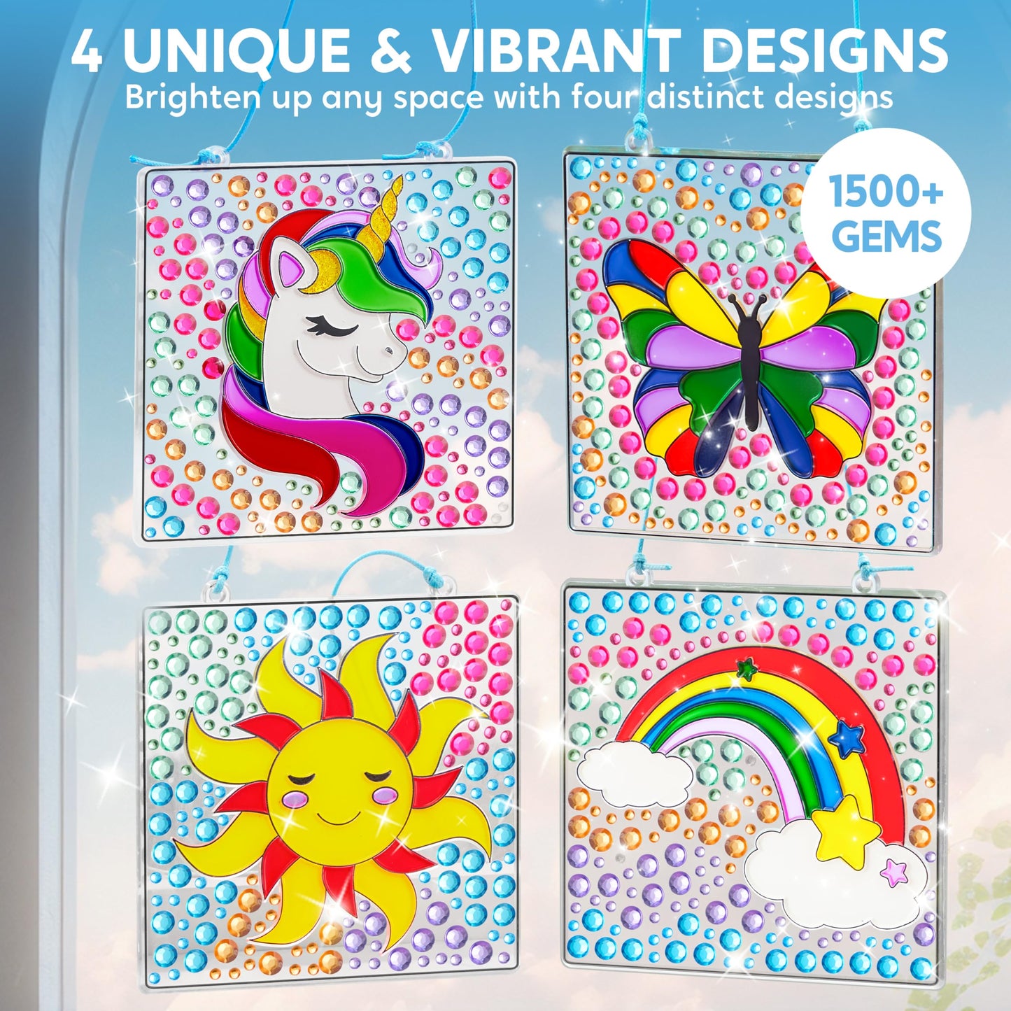 Klever Kits 4PCS Window Art, 2-in-1 Gems and Gels Suncatcher, 2 Ways to Play Diamond and Gels, Arts & Crafts Toys for Boys Girls, Christmas Birthday Gifts for Kids Age 6 and Up