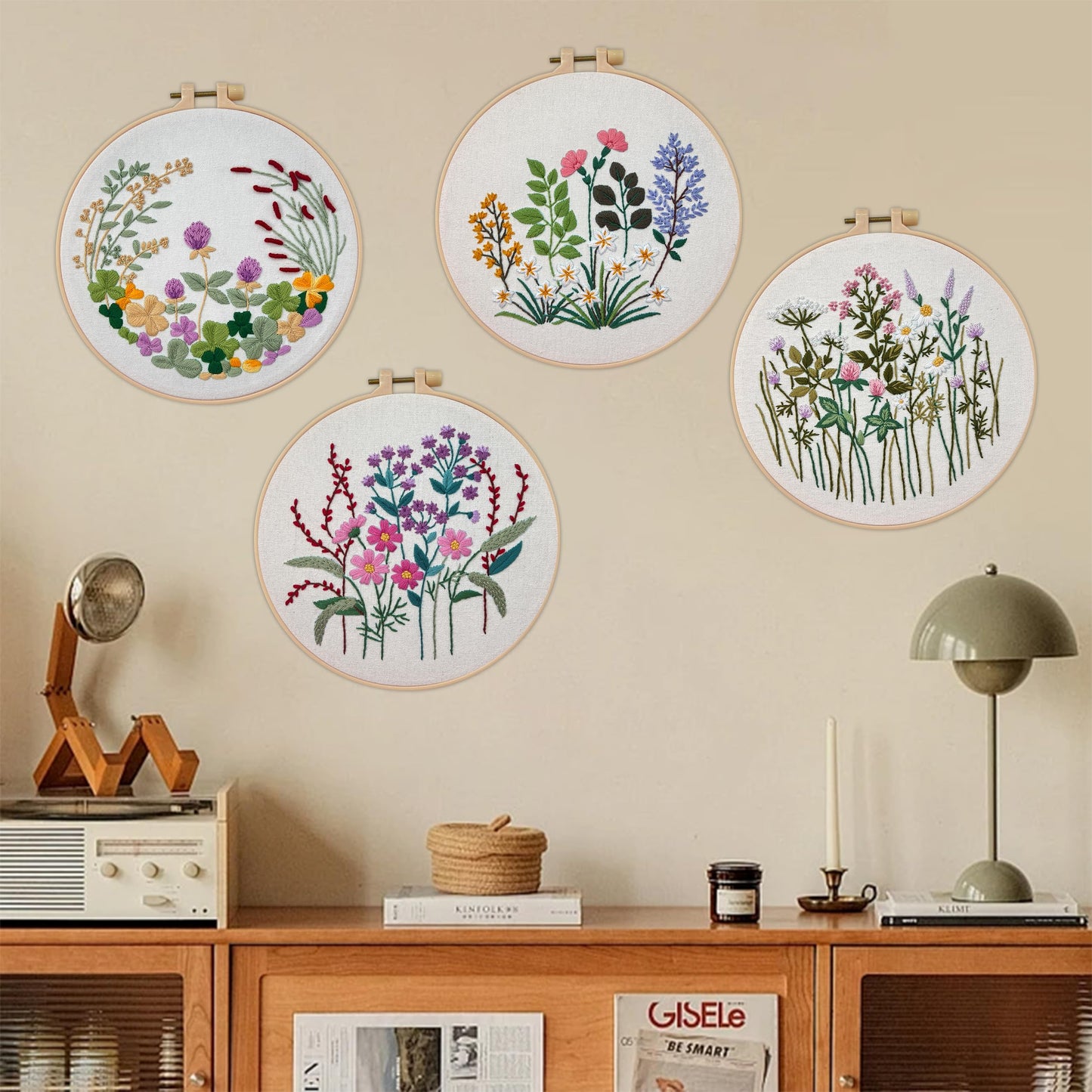 Maydear 4 Sets Embroidery kit,Embroidery Kit for Beginners Adults Punch Needle Kit Cross Stitch Kits with Embroidery Hoop and Instructions,Hand Embroidery Starter Kit (Flower)