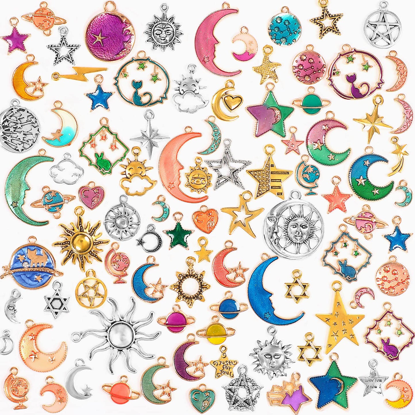 SANNIX 120Pcs Mixed Sun Star Moon Charms Jewelry Making Gold Enamel Charm Pendants for DIY Necklace Bracelet Making Supplies