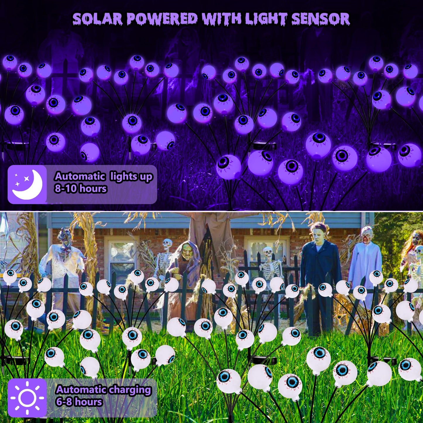 Brizled Purple Solar Halloween Lights, 2 Pack Total 12 LED Halloween Eyeball Lights, 2 Modes Outdoor Purple Swaying Firefly Light Waterproof Scary Pathway Lighting for Outside Garden Yard Lawn Path
