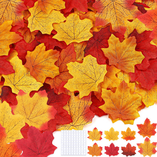 300 Piece Fall Leaves Set 7 Colors Artificial Autumn Maple Leaf Decor with 100 Glue Dots Perfect for Wreath and Bouquet Making, Weddings, Halloween, Thanksgiving Decoration