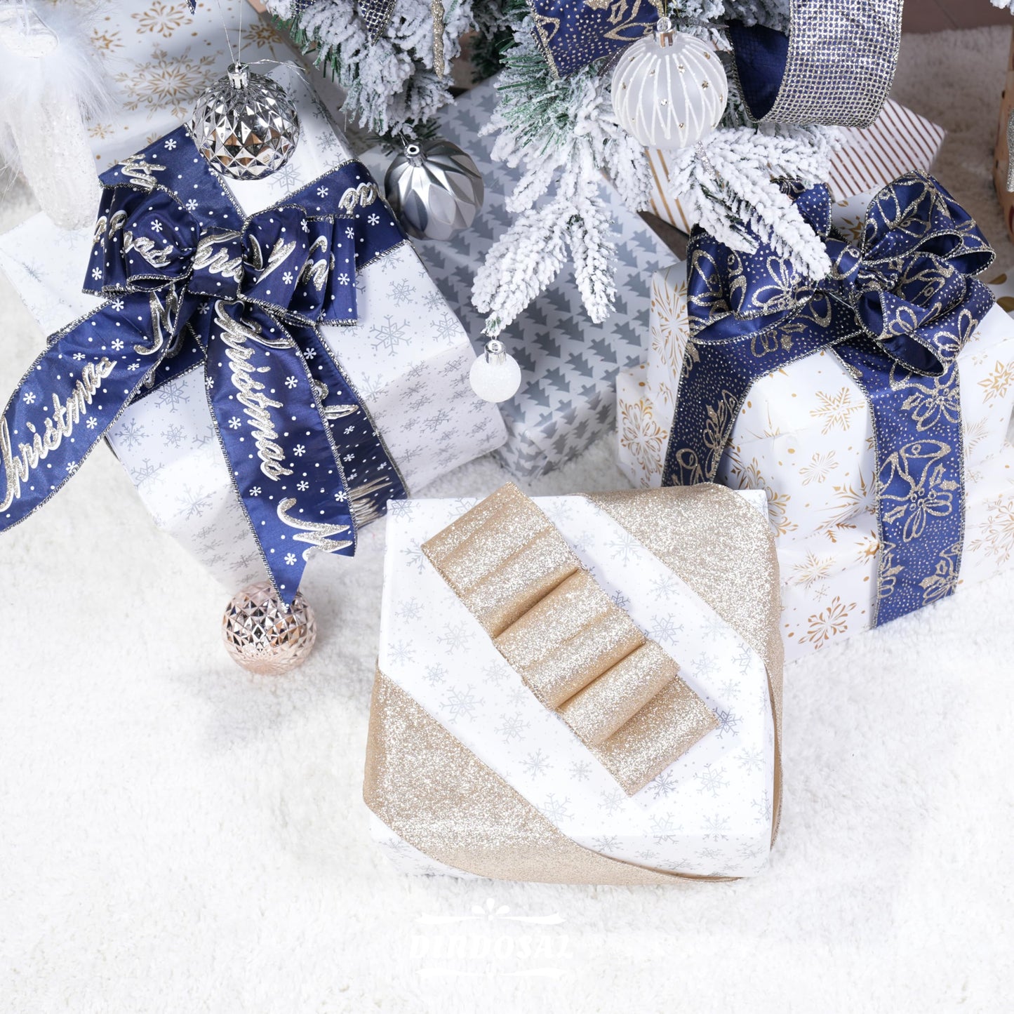 DINDOSAL Navy Blue and Gold Christmas Tree Ribbon - 2.5 Inch Wired Ribbon, 6 Rolls for Wreaths, Bows, Decorations