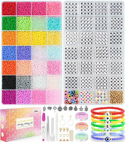 12,000pcs 3mm Uniform Seed Beads Size 8, 1000 Pcs Letter Beads 28 Colors Loom Seed Beads for Jewelry Making, Tiny Beads for Bracelets Making