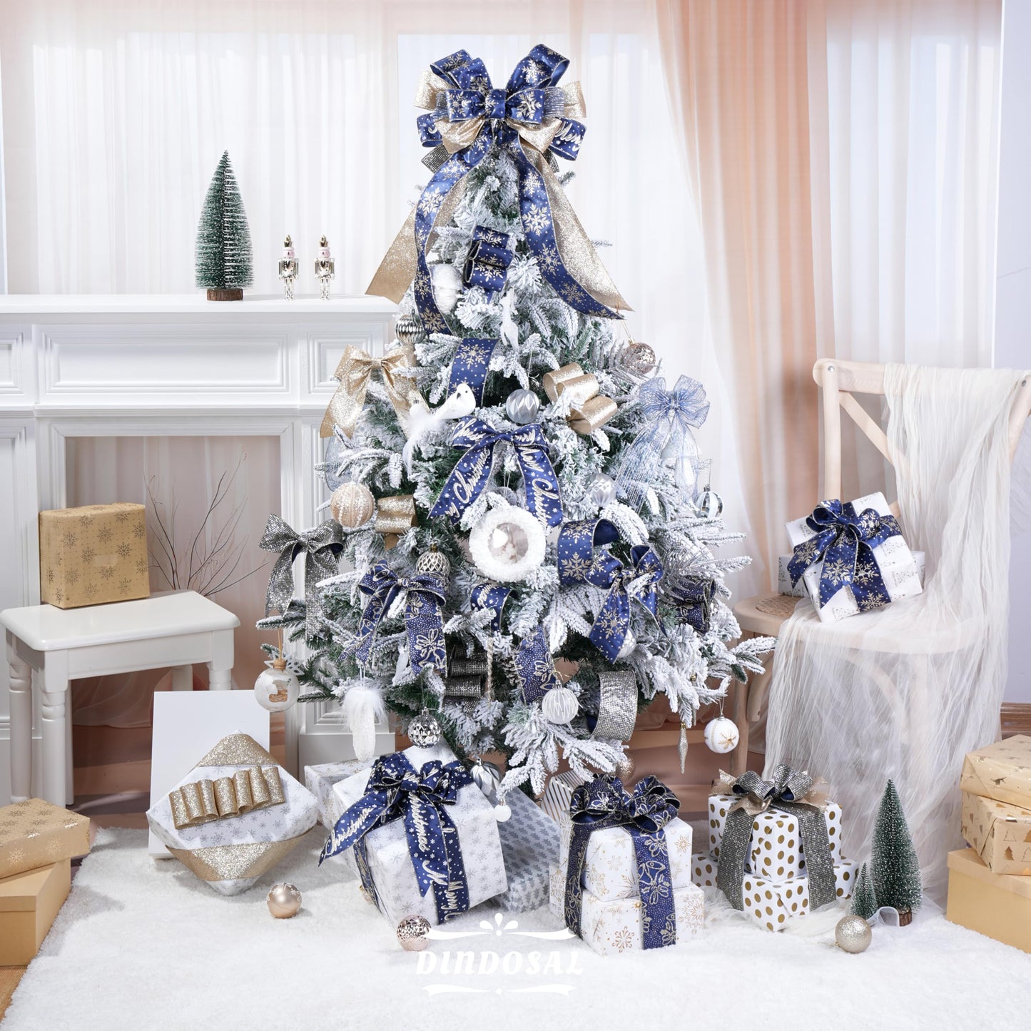 DINDOSAL Navy Blue and Gold Christmas Tree Ribbon - 2.5 Inch Wired Ribbon, 6 Rolls for Wreaths, Bows, Decorations