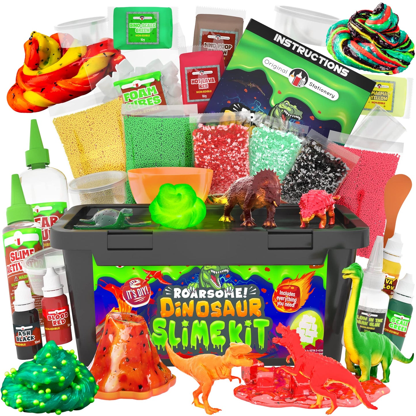 Original Stationery Dinosaur Slime Kit for Boys, DIY Glow-in-The-Dark Slime Set with Lava, Blood & Dino Poop, Fun Sensory Play Activity with Glitter Formula, Gift for Birthdays & Easter