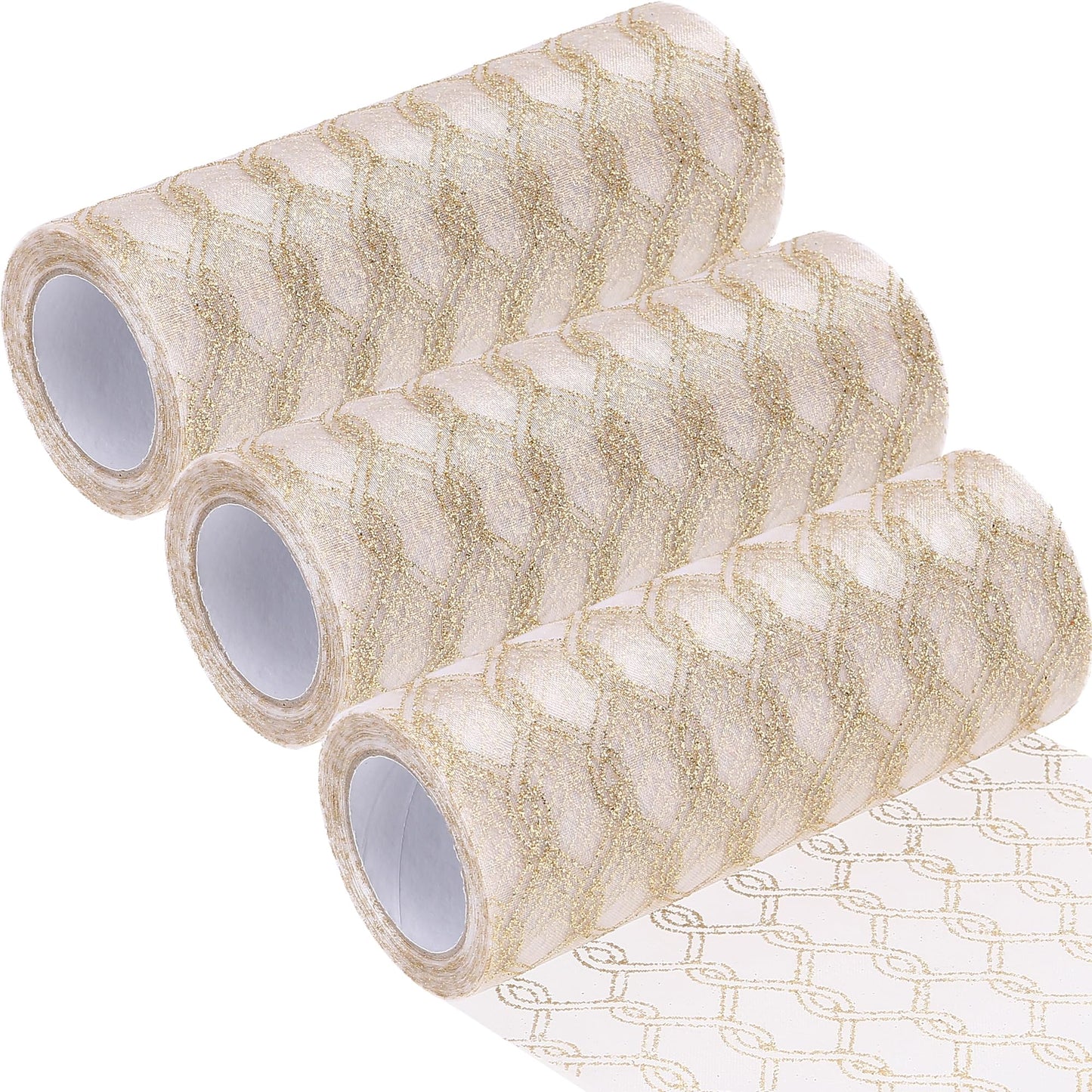 6-Inch-Wide Sheer Glitter Yarn Ribbon, Decorative Mesh Ribbon for Christmas Trees, Wreaths, Garlands, Art Crafts, Bouquets, Seasonal Decorations (3-Pack, 10-Yard/Pack, Champagne)