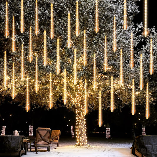 Dazzle Bright Christmas Lights Outdoor, 288LED Meteor Shower Rain Lights 12 Inch 8 Tubes, Waterproof Plug in Falling Icicle Lights Christmas Decorations for Xmas Tree Yard House Decor (Warm White)