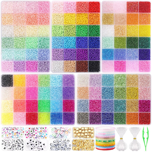 Funtopia 34000pcs+ 3mm Seed Beads for Jewelry Making, 5 Types 120 Colors Small Glass Beads for Bracelets, Friendship Bracelet Kit with Alphabet Letter Beads Smile Face Beads for DIY, Art and Craft