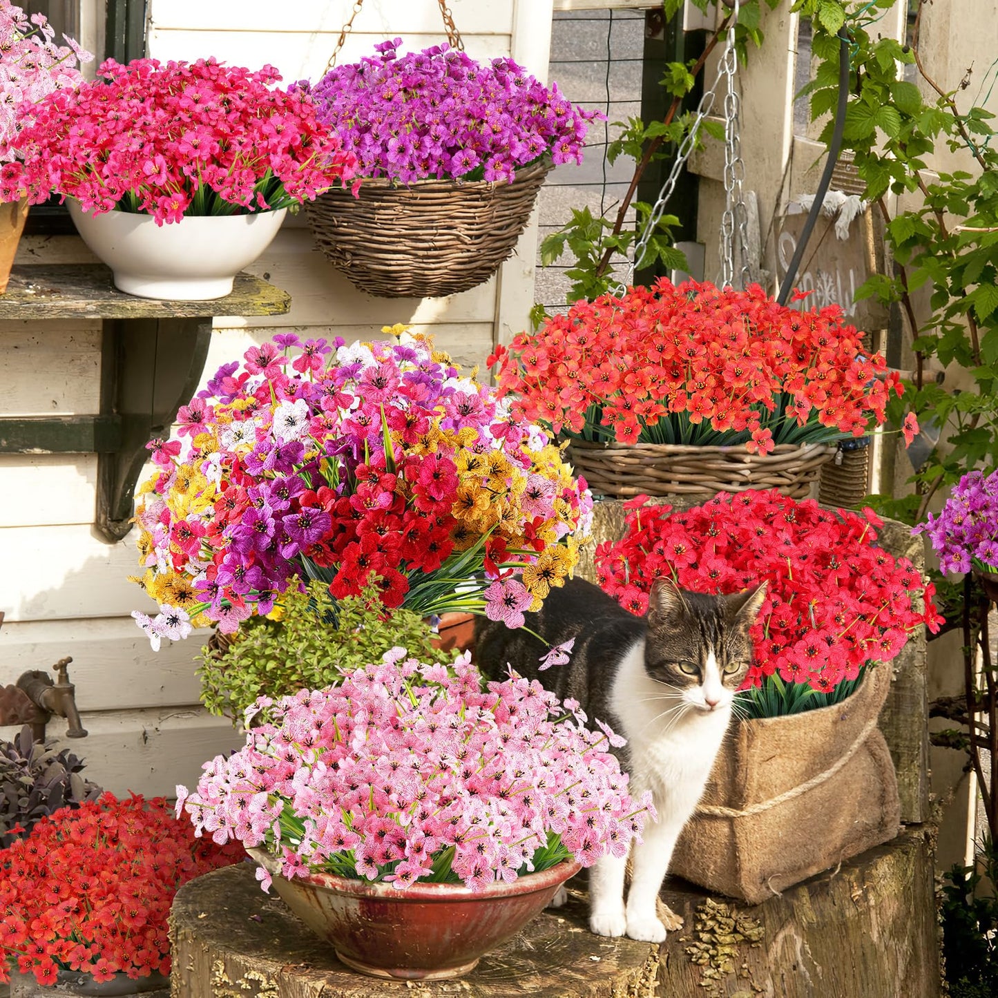 AGIRL 24 Bundles Artificial Flowers for Outdoor,No Fade Fake Plastic Flowers Faux Plants for Decoration Hanging Planters Indoor Outside Garden Porch Window Box Home Wedding Farmhouse