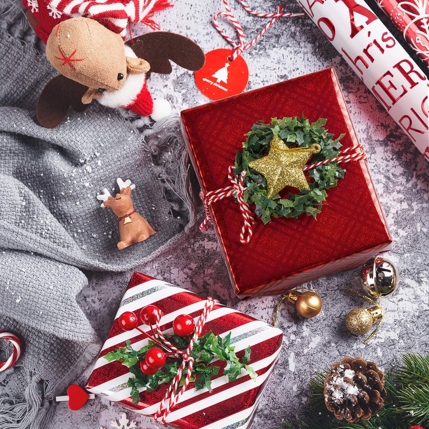 Christmas Wrapping Paper Set - Red and White Metallic Foil Shine Christmas Wrapping Paper Bundle with Gift Bow & Ribbon & Tag & Sticker