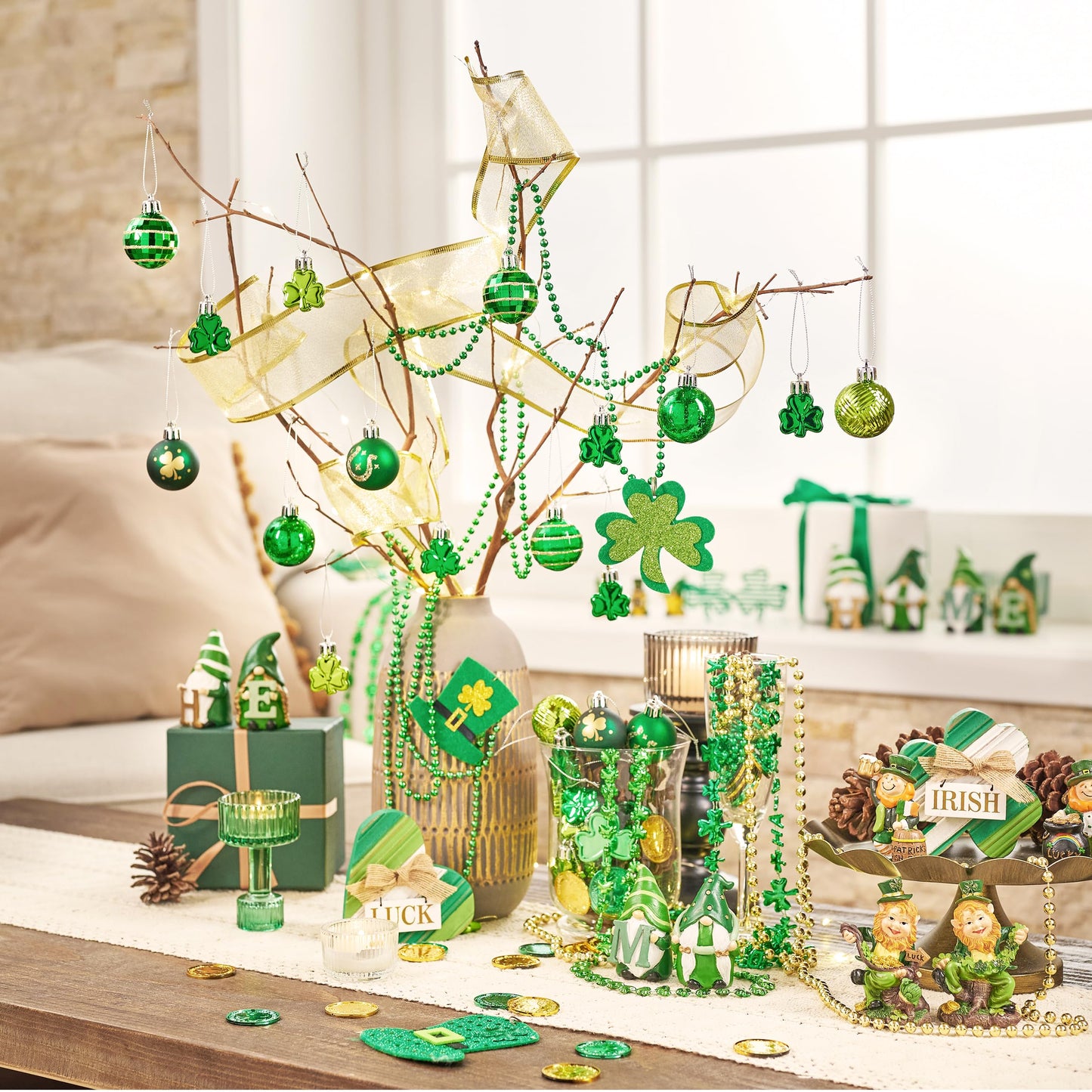 Valery Madelyn St Patricks Day Decorations Shamrock Tree Ornament Set, 28pcs 1.57inch Hanging Ball Ornament Irish Festival Decor, Good Luck Clover Green Gold Christmas Ball for Party Home Spring