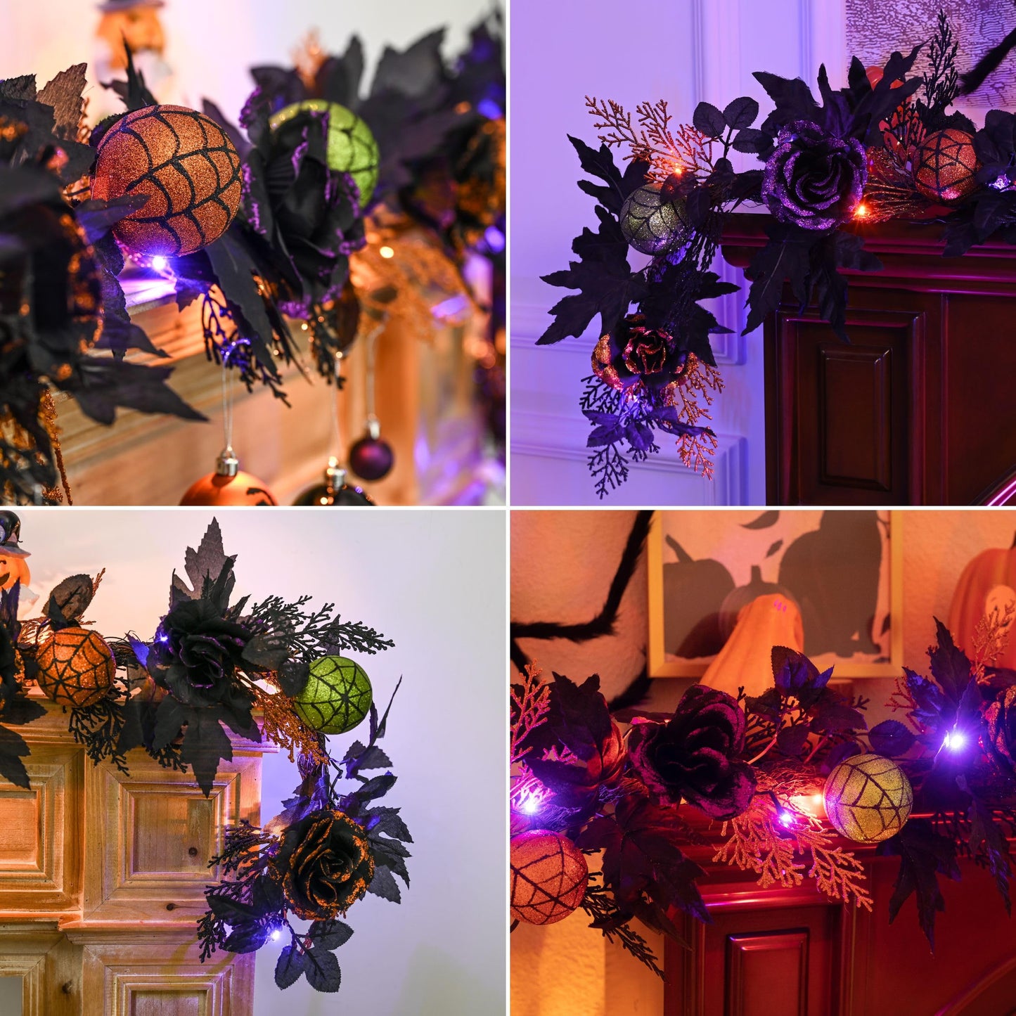 Valery Madelyn Halloween Garland with Lights, 6 Feet Pre-Lit Orange Purple Roses Black Maple Leaves Green Ball Ornaments Garland Decorations for Indoor Table Centerpiece Mantle Party Holiday Decor