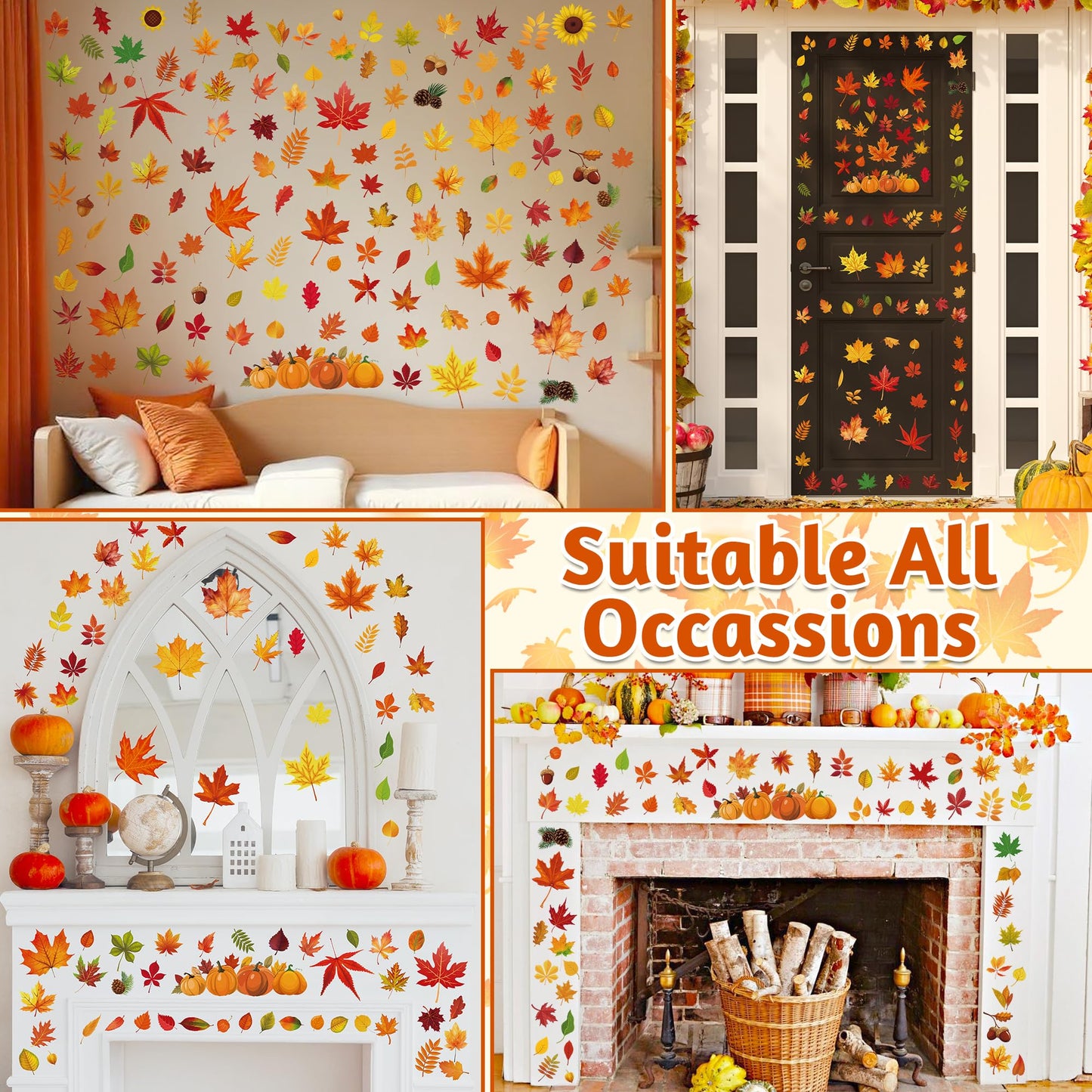 9 Sheets Fall Decorations, 274 PCS Fall Window Clings, Double Sided Autumn Stickers with Maple Leaves Pumpkin Nuts, Autumn Window Clings for Party Thanksgiving Decor Indoor Outdoor Accessories