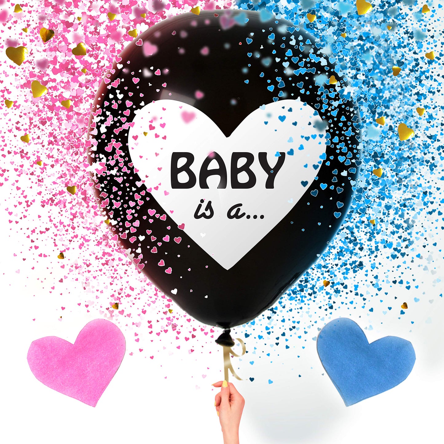 Sweet Baby Co. Jumbo 36 Inch Baby Gender Reveal Balloon | Big Black Balloons with Pink and Blue Heart Shape Confetti Packs for Boy or Girl | Baby Shower Gender Reveal Party Supplies Decoration Kit