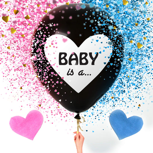 Sweet Baby Co. Jumbo 36 Inch Baby Gender Reveal Balloon | Big Black Balloons with Pink and Blue Heart Shape Confetti Packs for Boy or Girl | Baby Shower Gender Reveal Party Supplies Decoration Kit