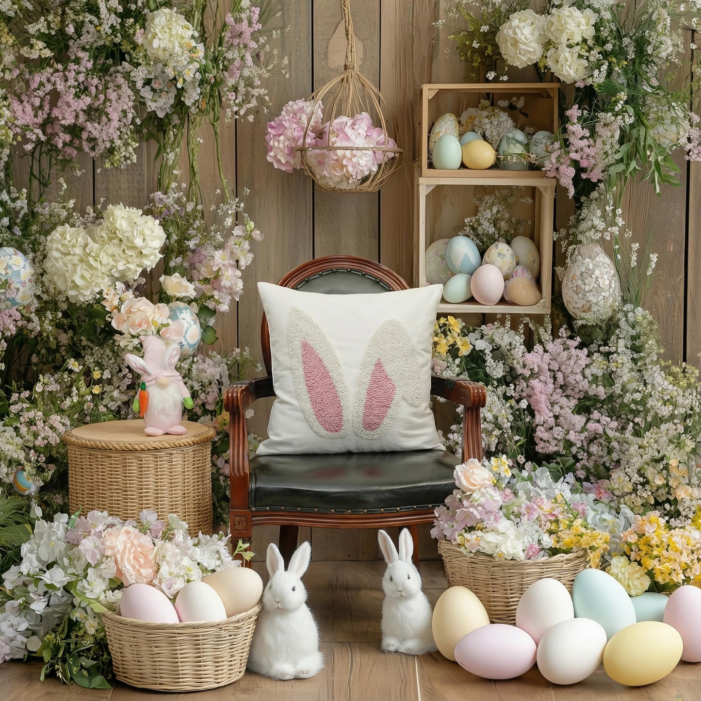 Embroidered Easter Bunny Ears Pillow Cover 18x18 Inch, Spring & Easter Decorations Farmhouse Home Decor Throw Pillow Case for Sofa & Bed GX015-1-18