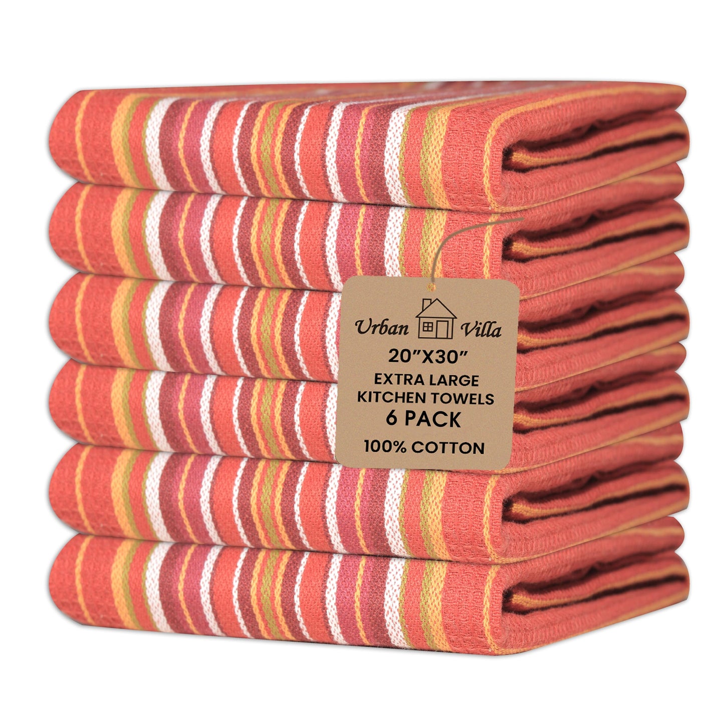 Urban Villa Fall Kitchen Towels 100% Cotton Highly Absorbent Dish Towels Rust Color Set of 6 Size-20"X30" Waffle Salsa Stripes Thanks Giving Dish Cloths & Dish Towels with Hanging Loop Tea Towels