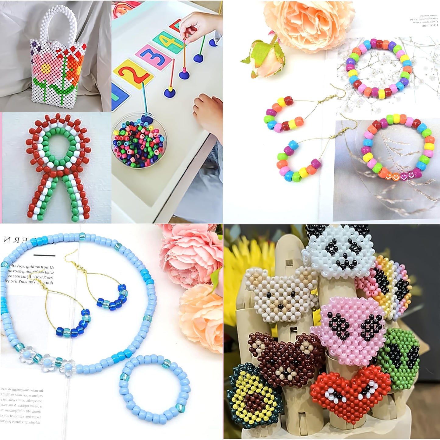 KAKW 4800 Pcs Pony Beads for Friendship Bracelets 6x9mm 18 Solid 8 Color Shapes 10 Glitter Plastic Beads for Jewelry Making Supplies Necklaces Keychains Hair Braid DIY Craft Accessories