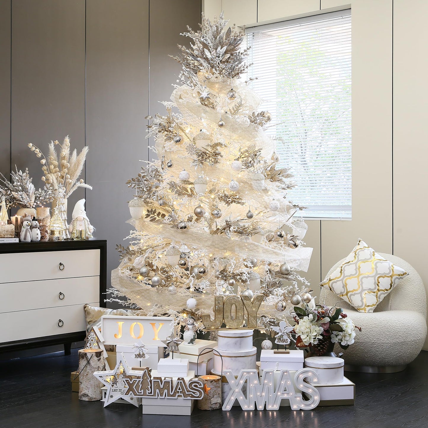 6-Inch-Wide Sheer Glitter Yarn Ribbon, Decorative Mesh Ribbon for Christmas Trees, Wreaths, Garlands, Art Crafts, Bouquets, Seasonal Decorations (3-Pack, 10-Yard/Pack, Champagne)