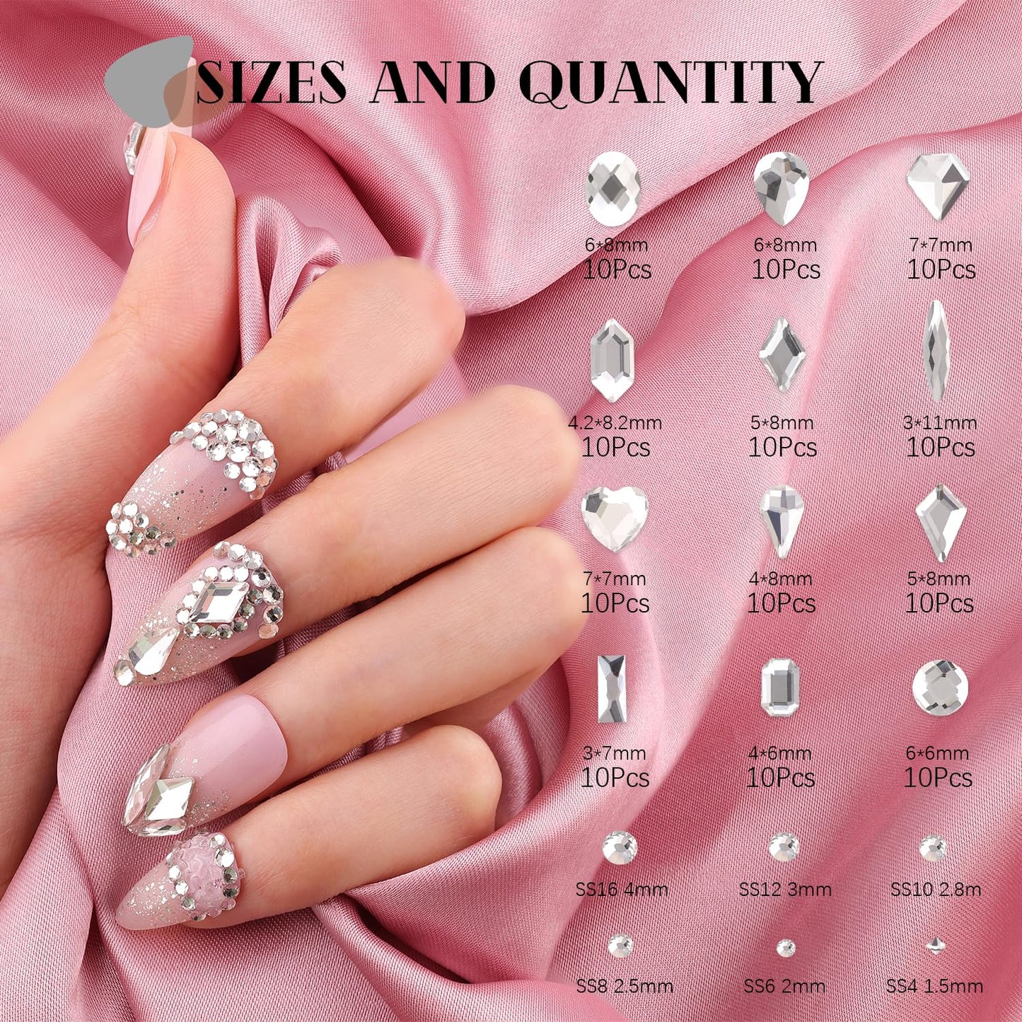 2630Pcs Clear Glass Nail Rhinestones 120Pcs Multi Shapes Flatback Gems Crystal + 2510Pcs 1.5-4mm Round Beads with Rhinestones Glue Gel, Manicure Diomand Jewelry Gemstones for Nail Design Makeup
