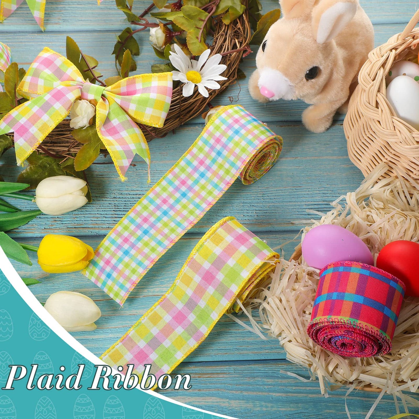 15 Yards Easter Plaid Ribbon 3 Roll 2 Inch Pastel Wired Ribbon Spring Gingham Fabric Ribbon for Gift Wrapping DIY Craft Birthday Wedding Baby Shower