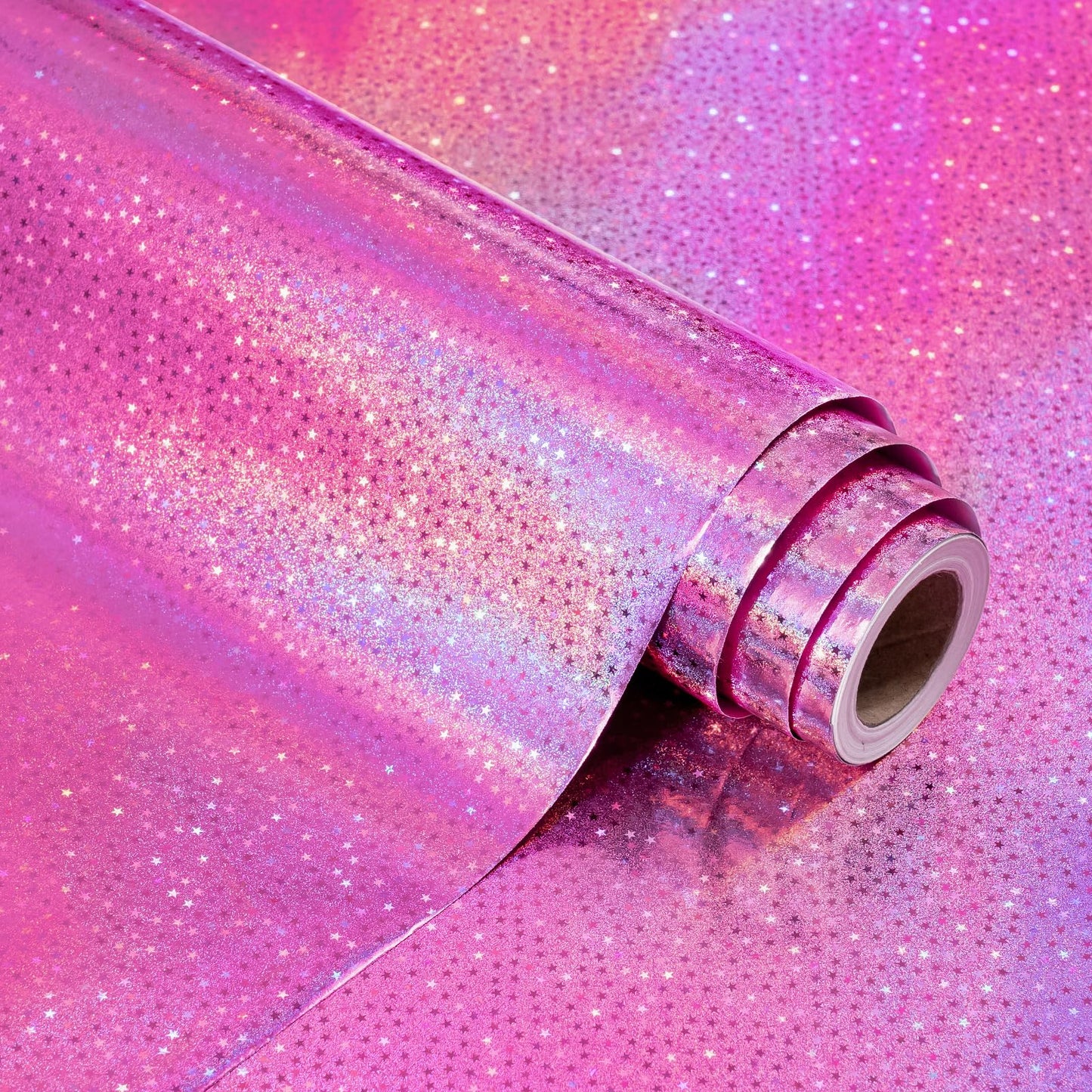 Pink Wrapping Paper Roll - Mini Roll - 17 Inch x 16.5 Feet - Metallic Holographic Star Wrapping Paper for Birthday, Wedding, Baby Shower, Bridal Shower, Christmas