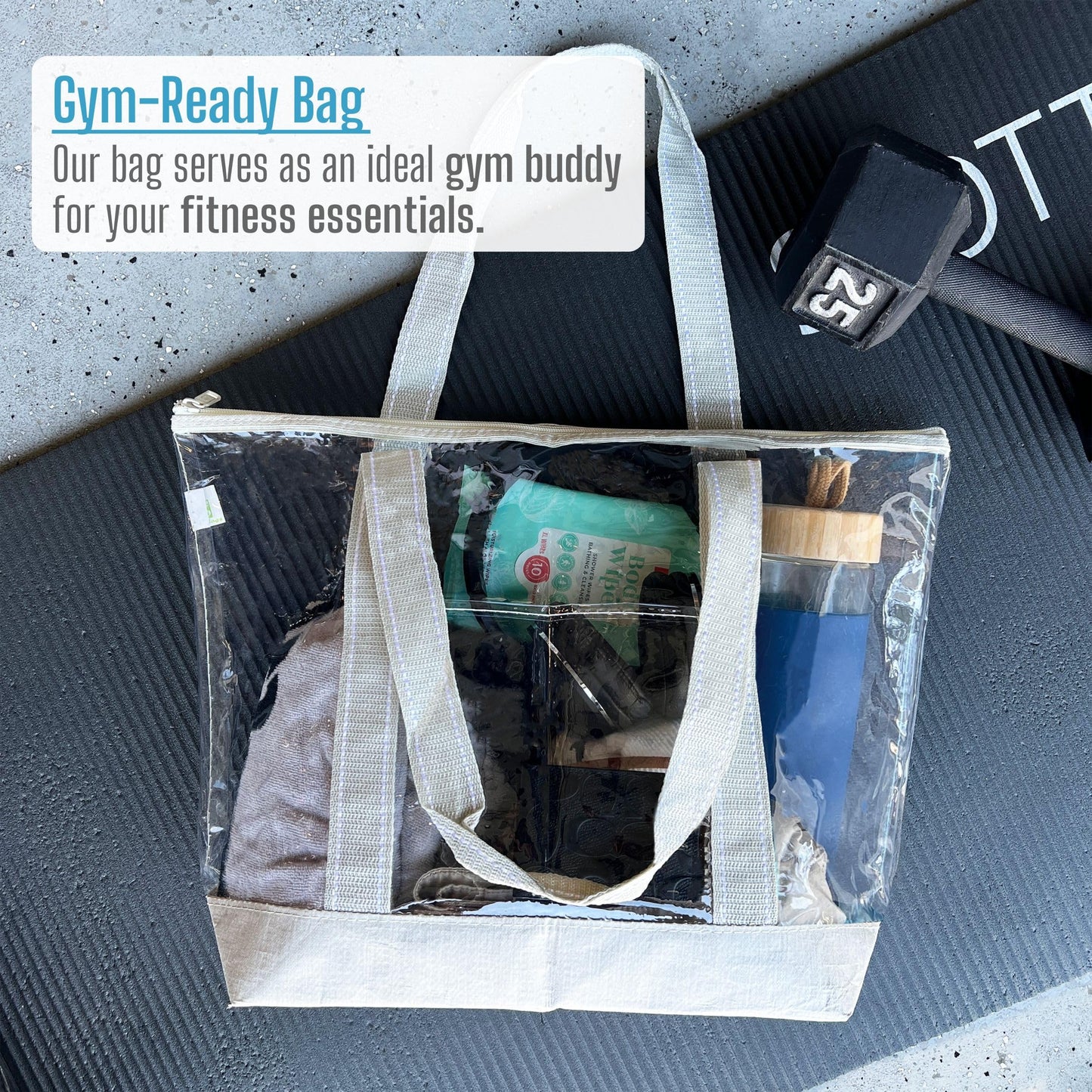 VENO 2 Packs Clear Bag Transparent Vinyl PVC Tote, Outdoor, Beach, Pool (Set of 2, Beige)