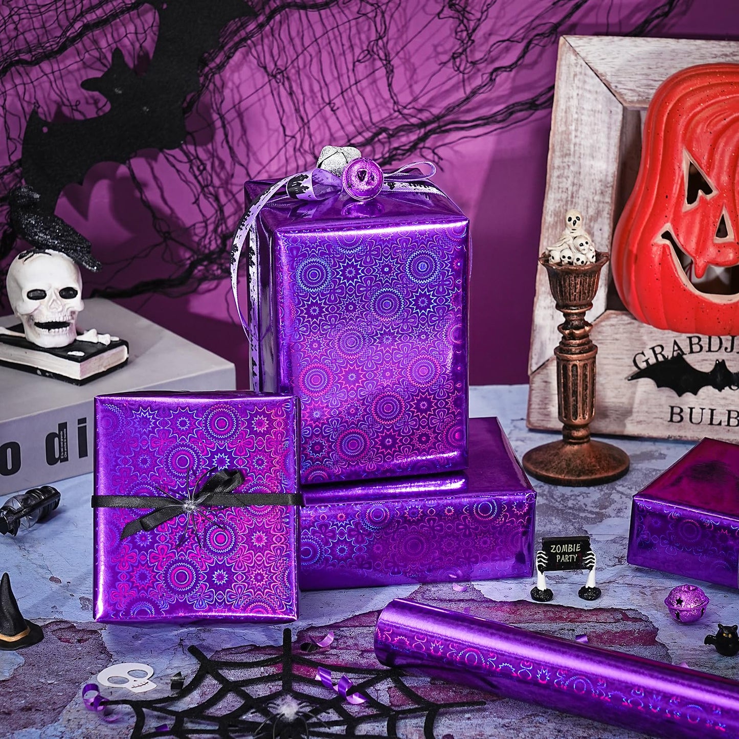 Purple Wrapping Paper Roll - Mini Roll - 17 Inch x 16.5 Feet - Dark Purple Metallic Holographic Wrapping Paper for Halloween, Fall Party, Birthday, Wedding, Baby Shower
