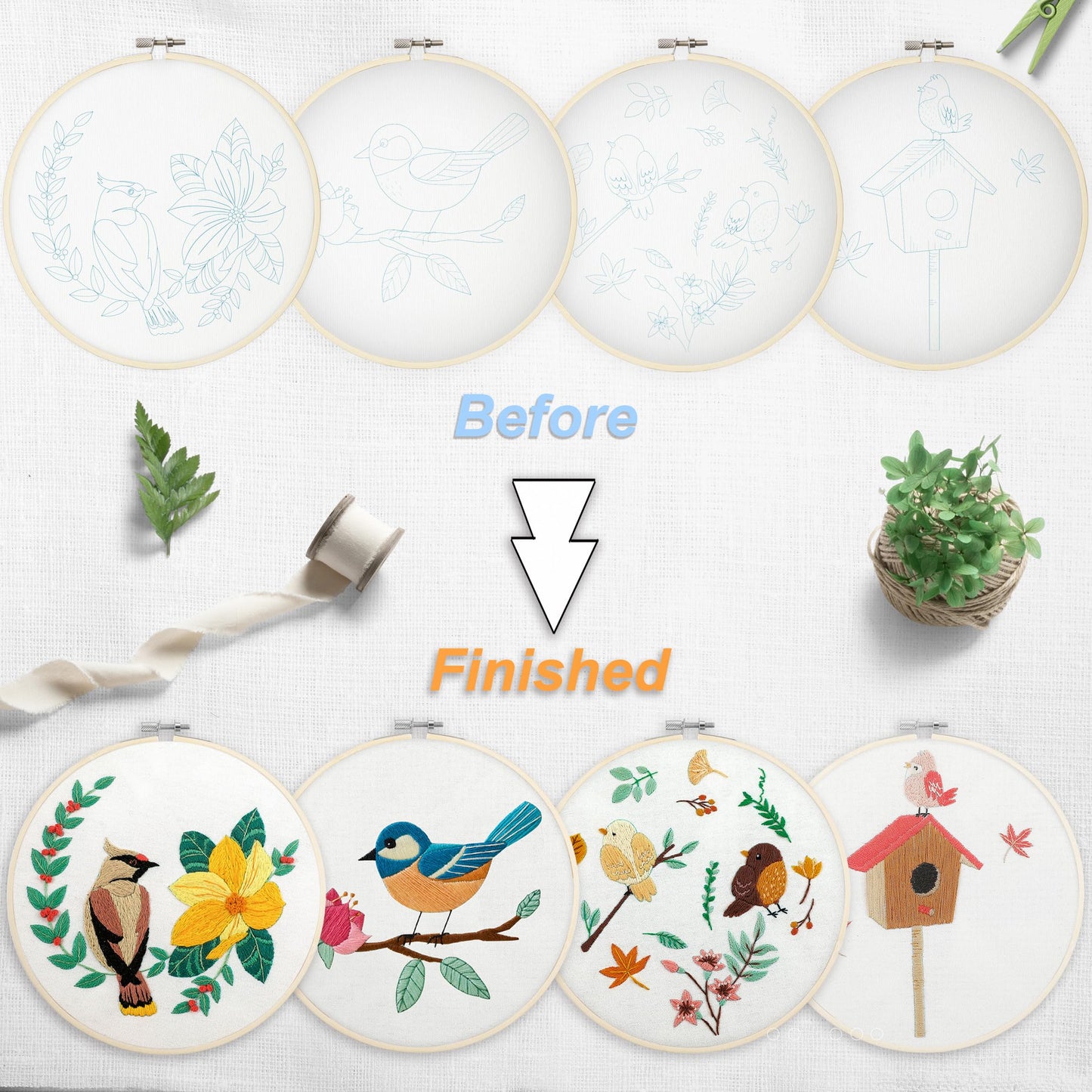 4 Sets Embroidery Set for Beginners, Art Craft, Easy Sewing, Includes Embroidery Clothing, Pattern, Embroidery Hoop, Instruction Manual, Colorful Thread Needles Set (6 Pieces)