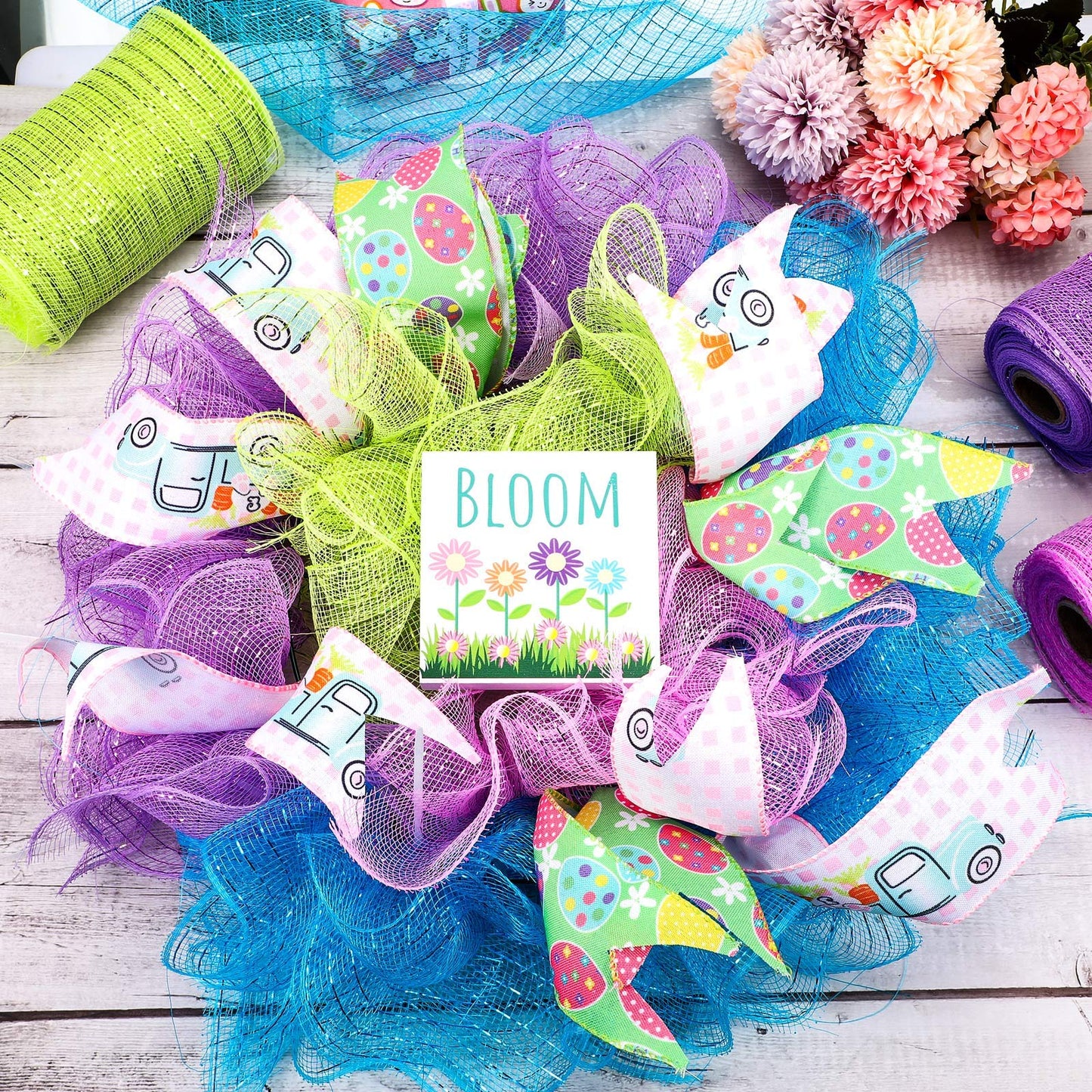 4 Rolls Mesh Ribbons 30 Feet Each Roll Metallic Foil Mesh Ribbon for Home Door Wreath Decoration DIY Crafts Making Supplies(Pink, Grass Green, Sky Blue, Purple,6 Inches)