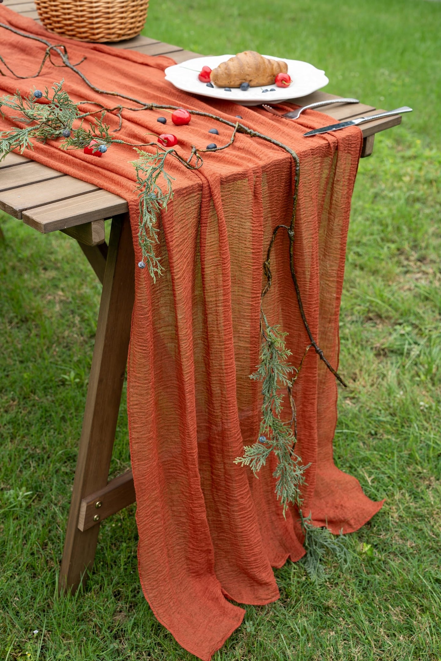 Keketo Fall Table Runner Terracotta Gauze Cheesecloth 120 Inch 10 FT Rustic Burnt Orange Cheese Cloth Table Runner for Wedding Baby Bridal Shower Party Rustic Boho Sheer Centerpiece Home Decorations
